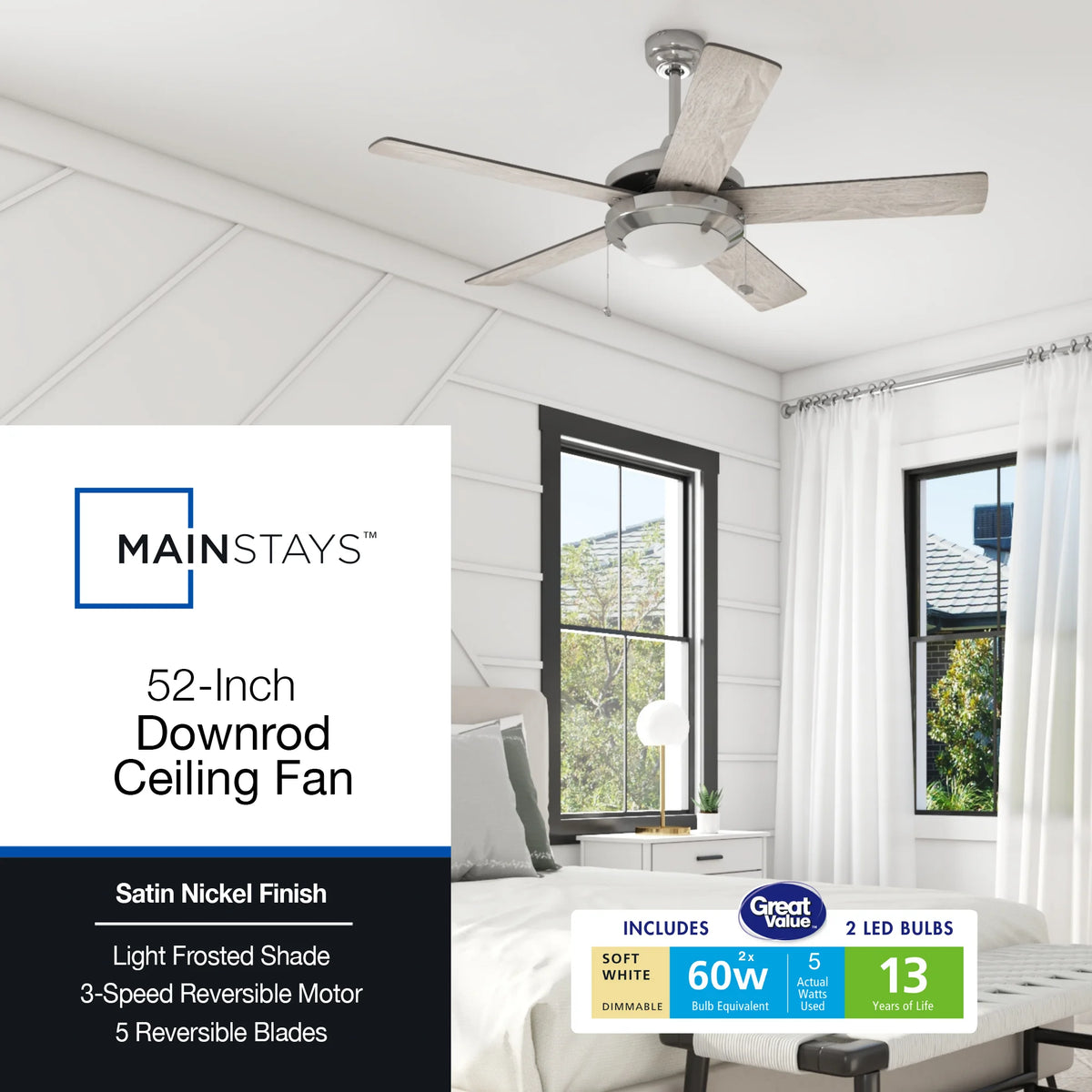 Mainstays 52" Transitional Satin Nickel Indoor Ceiling Fan with Light, Pull Chain Control & Reverse Airflow