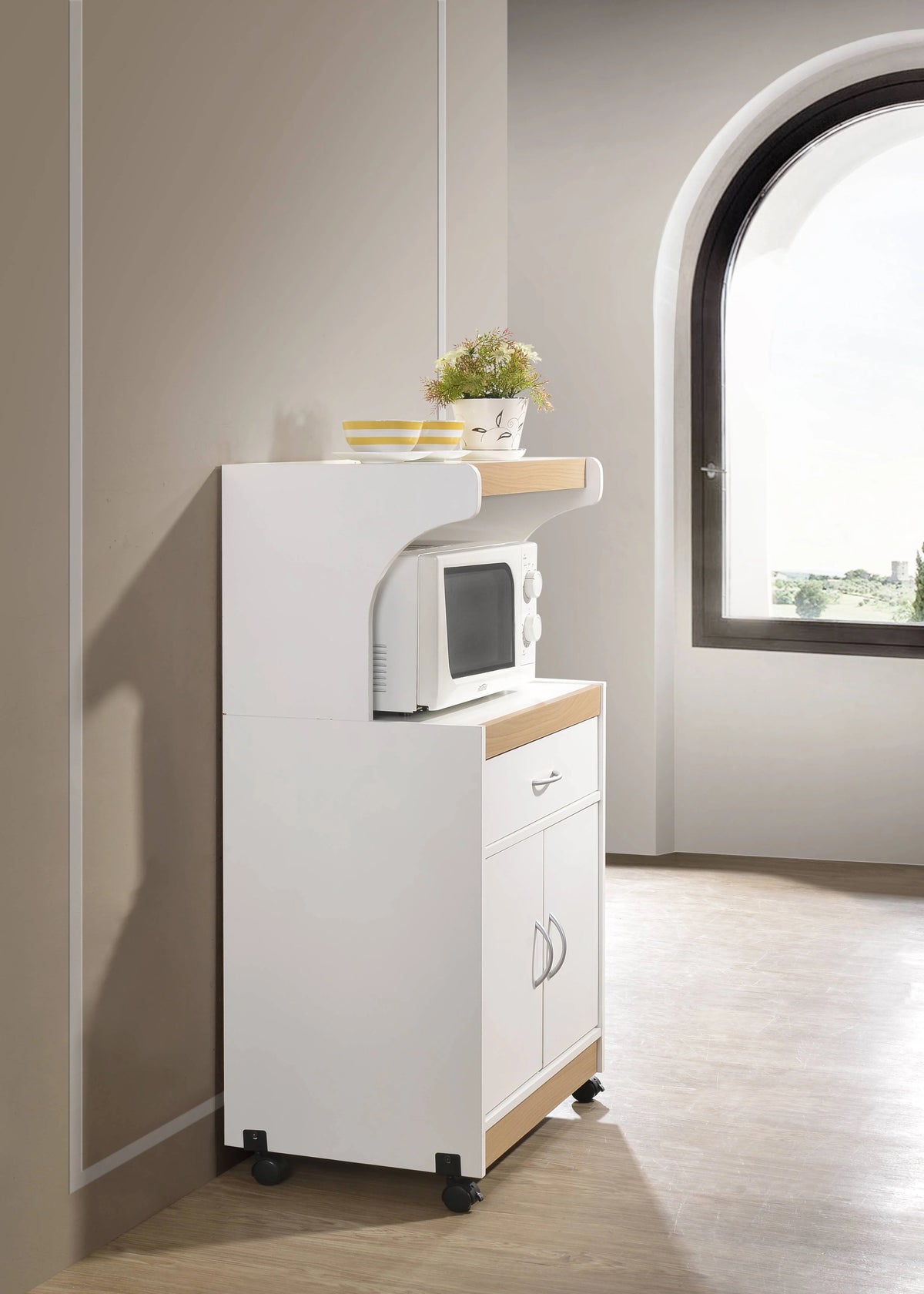 Hodedah Microwave Contemporary Wooden Kitchen Cart in Cherry Finish