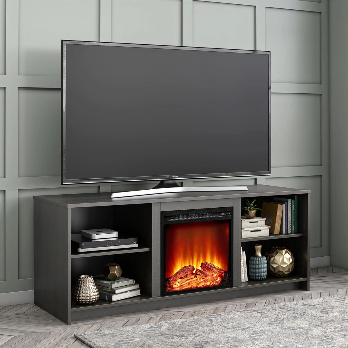 Mainstays Fireplace TV Stand for TVs up to 65", Black Oak