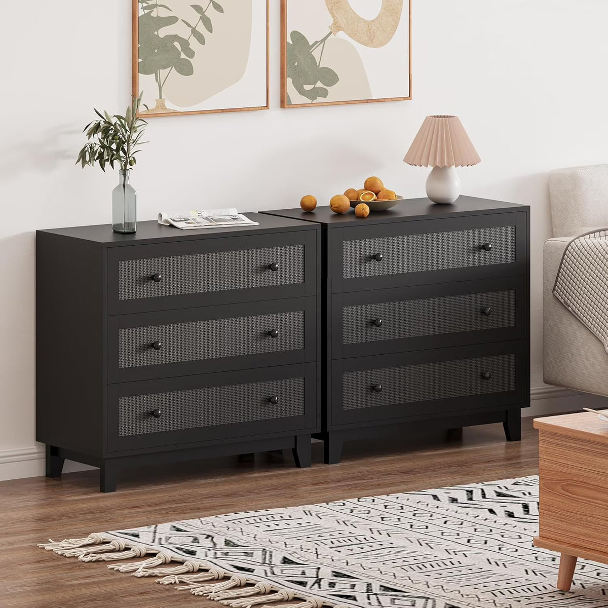 FANRAL 3 Drawer Dresser for Bedroom,Boho Small Natural Rattan Closet Dressers Chest of Drawers,Modern Wood Clothes Storage Organizer with Wooden Feet and Handles for Hallway,Living Room,Entryway