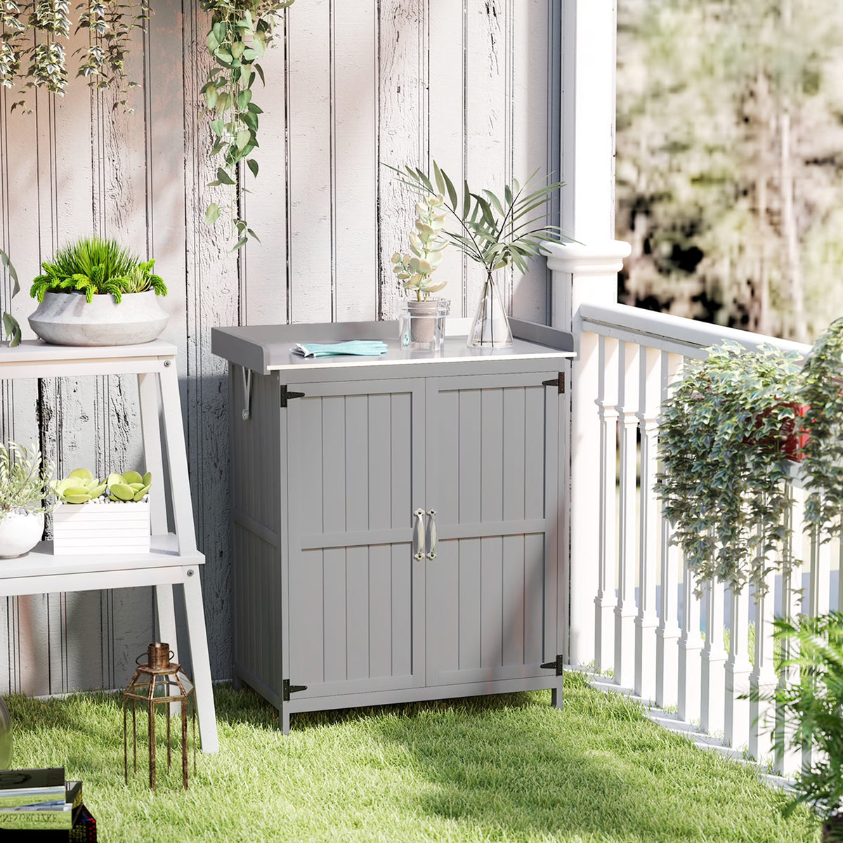 Outsunny Outdoor Garden Shed, Wooden Backyard Shed with Metal Tabletop, Shelf and 2 Doors for Patio, Lawn, Gray