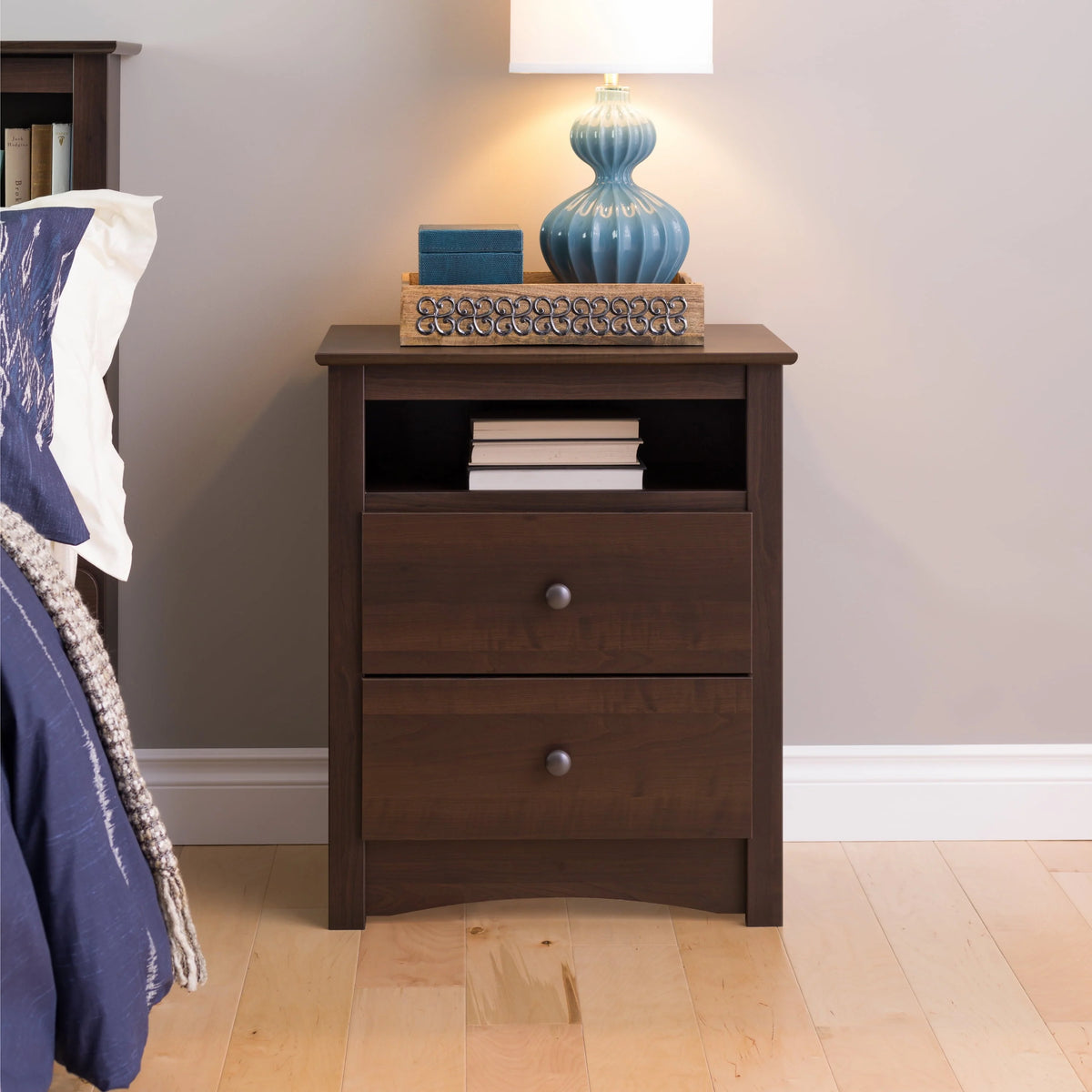 Prepac Sonoma 2 Drawer Tall Bedroom Nightstand With Open Shelf, Cherry