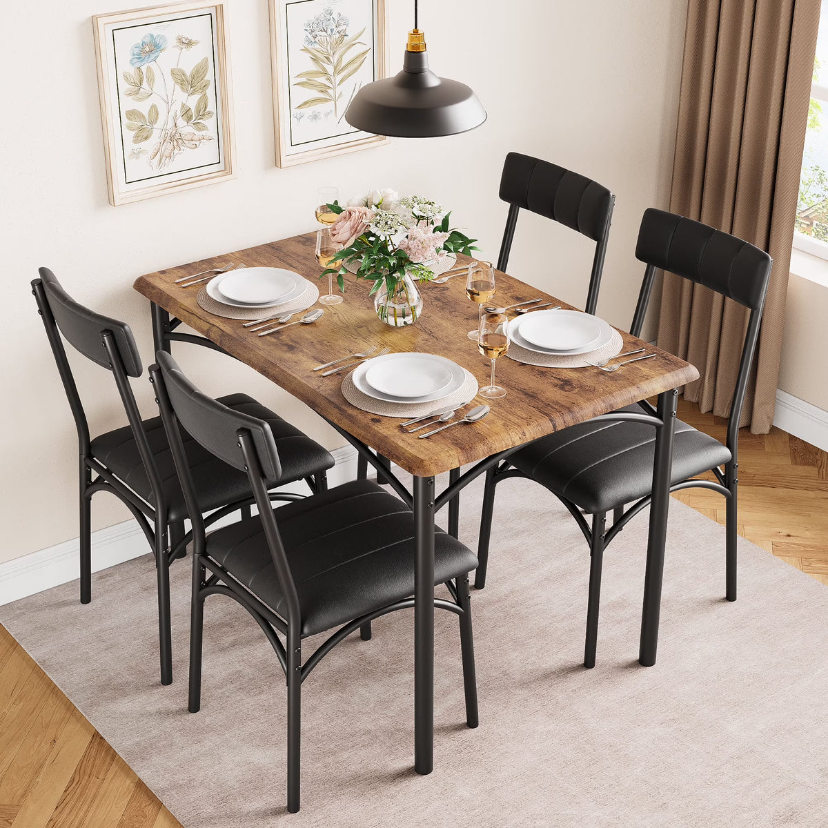 Zzistar 5 Piece Dining Table and Chairs Set, Wood Rectangular Dining Table with 4 Upholstered Chairs