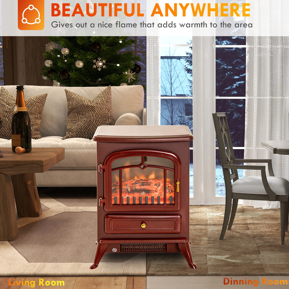 HOMCOM Electric Fireplace Heater, Fireplace Stove with Realistic LED Flames and Logs, and Overheating Protection, 725W/1450W, Red
