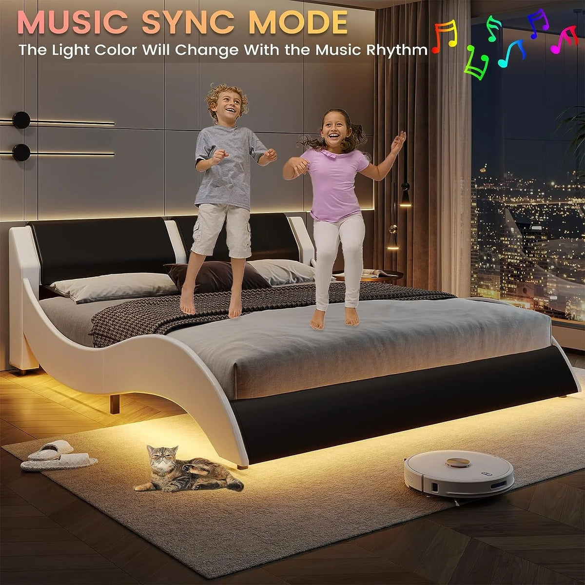 Queen Size Bed Frame with LED Lights,Modern Platform Bed Frame with Upholstered Headboard,Faux Leather Wave Like Low Profile Bed Frame,No Box Spring Needed,Black