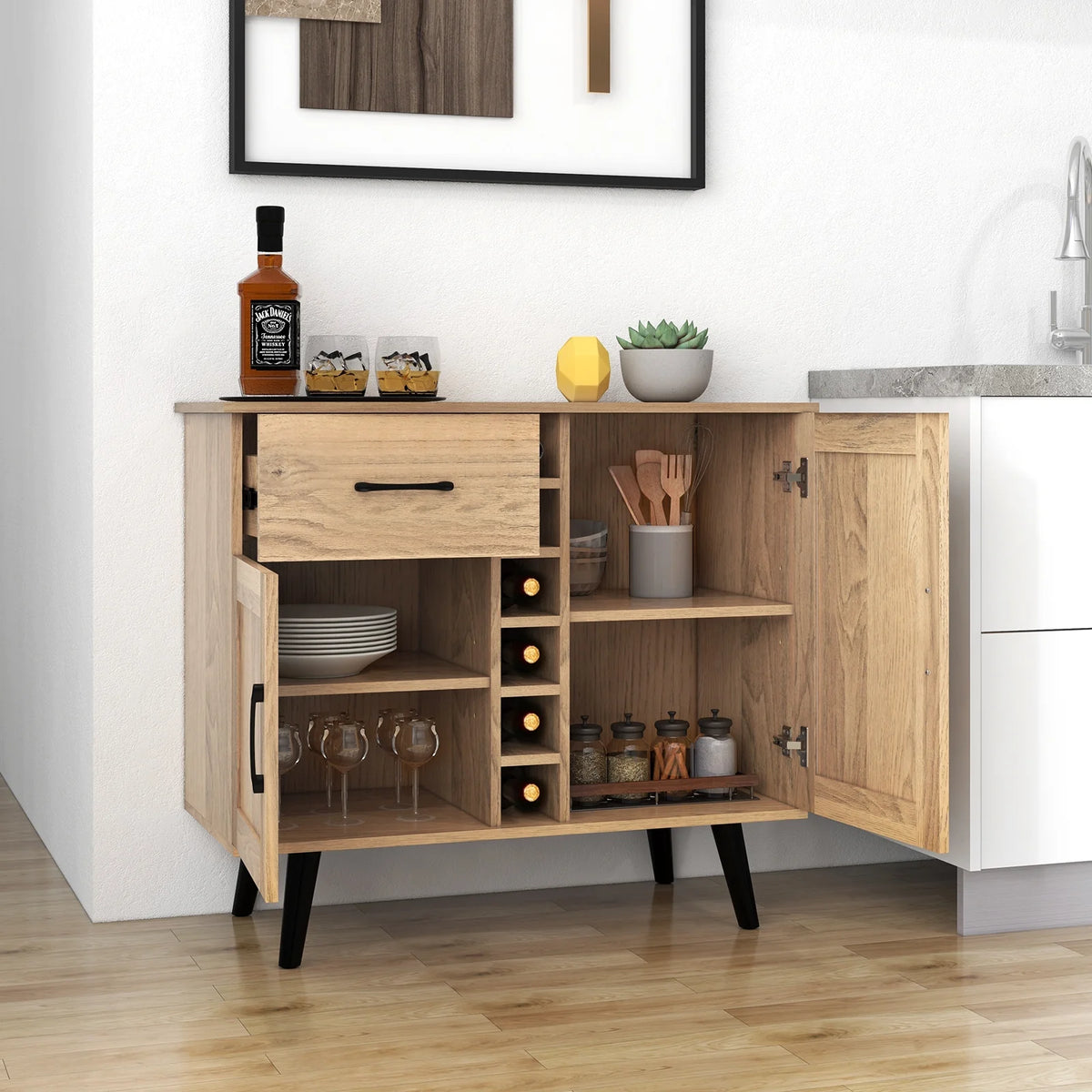Costway 2-Door Wine Bar Cabinet Kitchen Sideboard Buffet with Drawer & Adjustable Shelves Natural