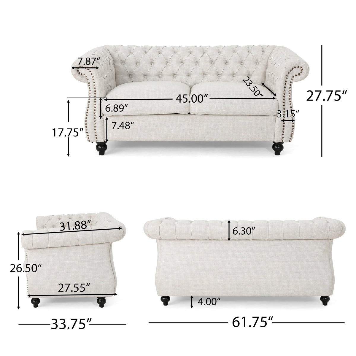 Noble House Ember Interiors Aaniya Fabric Chesterfield Loveseat Sofa, Beige