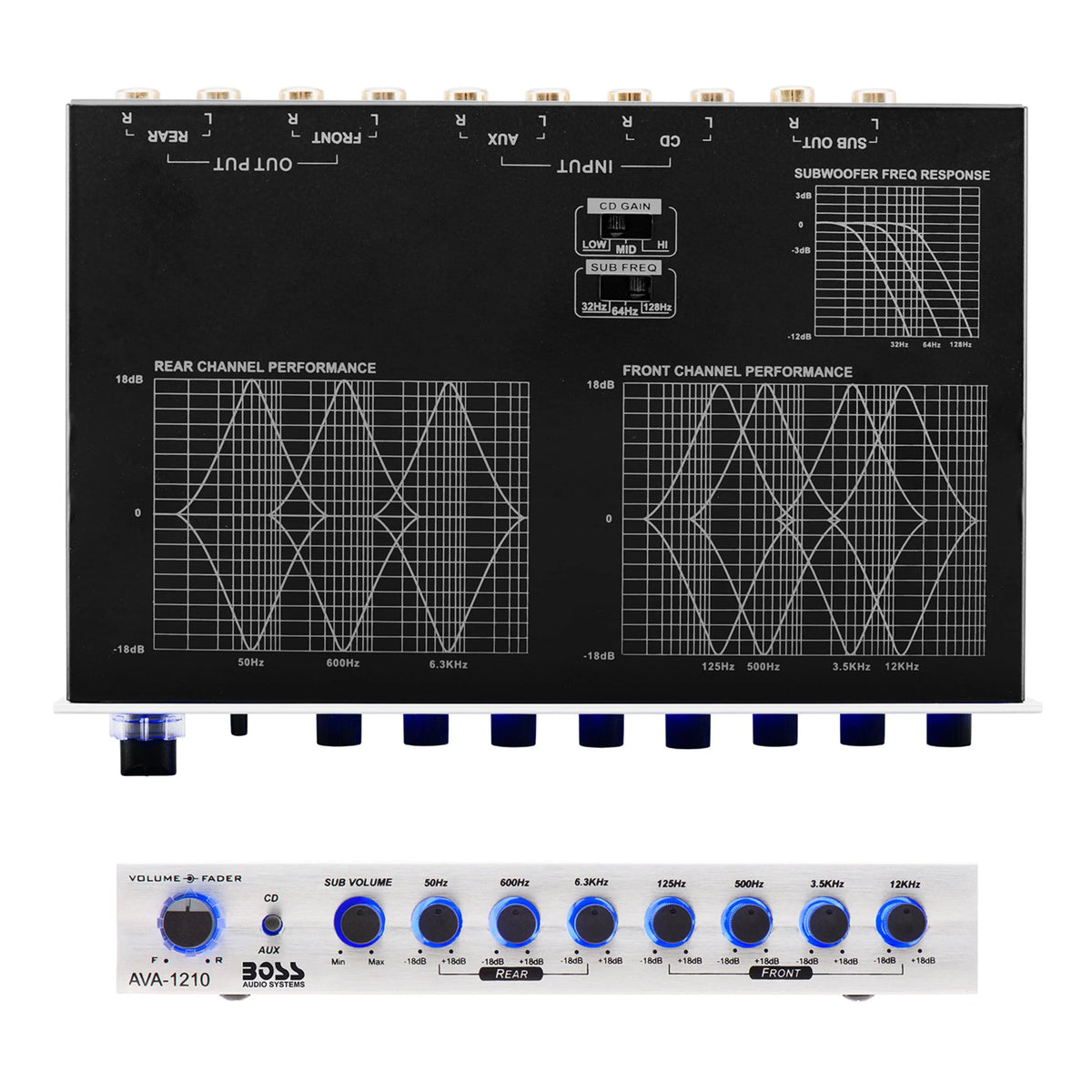 BOSS Audio Systems AVA1210 Car Audio Equalizer 7 Band Pre-Amp With Gold-Plated Front/Rear and Subwoofer Outputs, DPS Processor