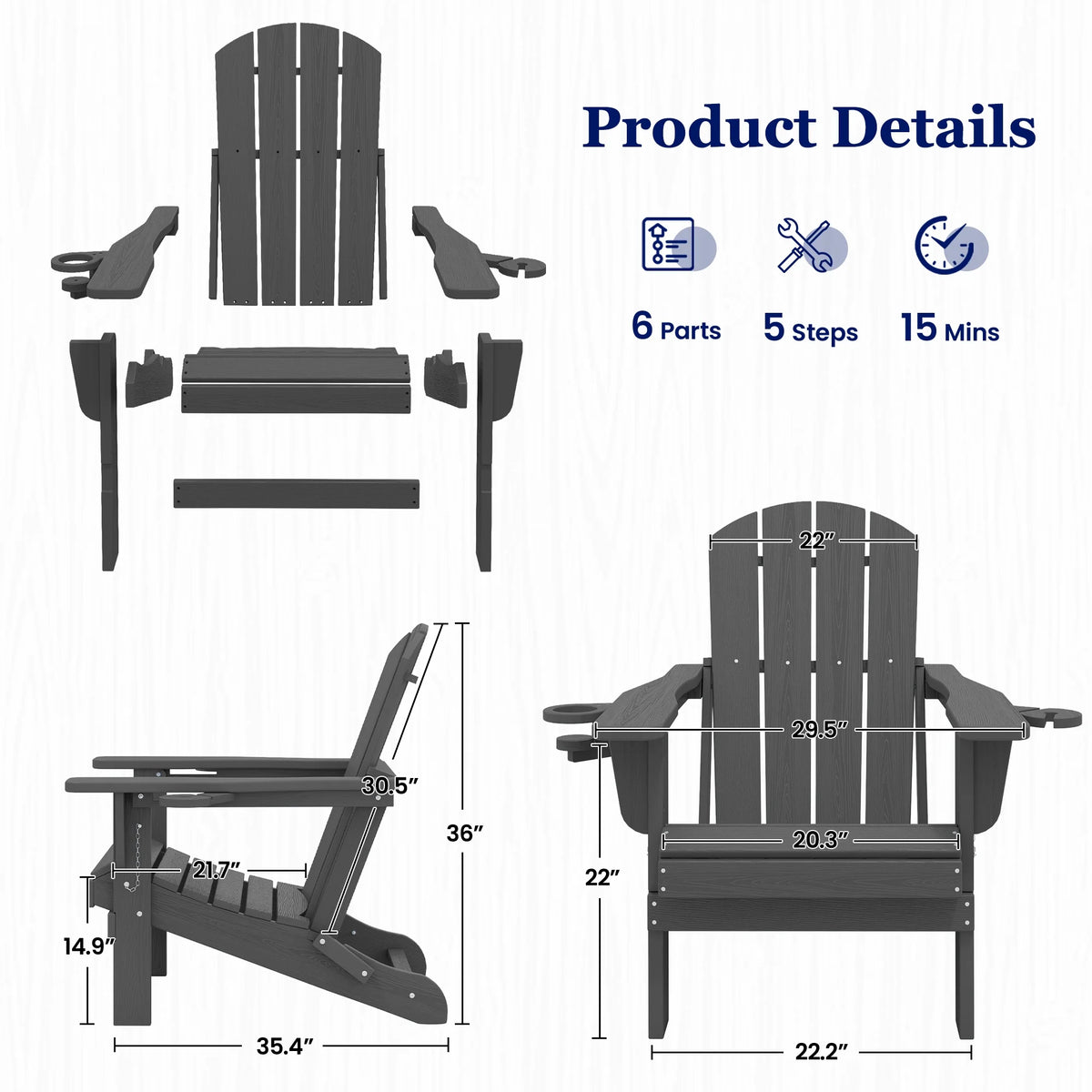 SERWALL Folding Adirondack Chair Set with Dual Cup Holders & Phone Holder, All-Weather HDPE Fire Pit Chairs for Outdoor, Patio, Poolside, Garden - Black