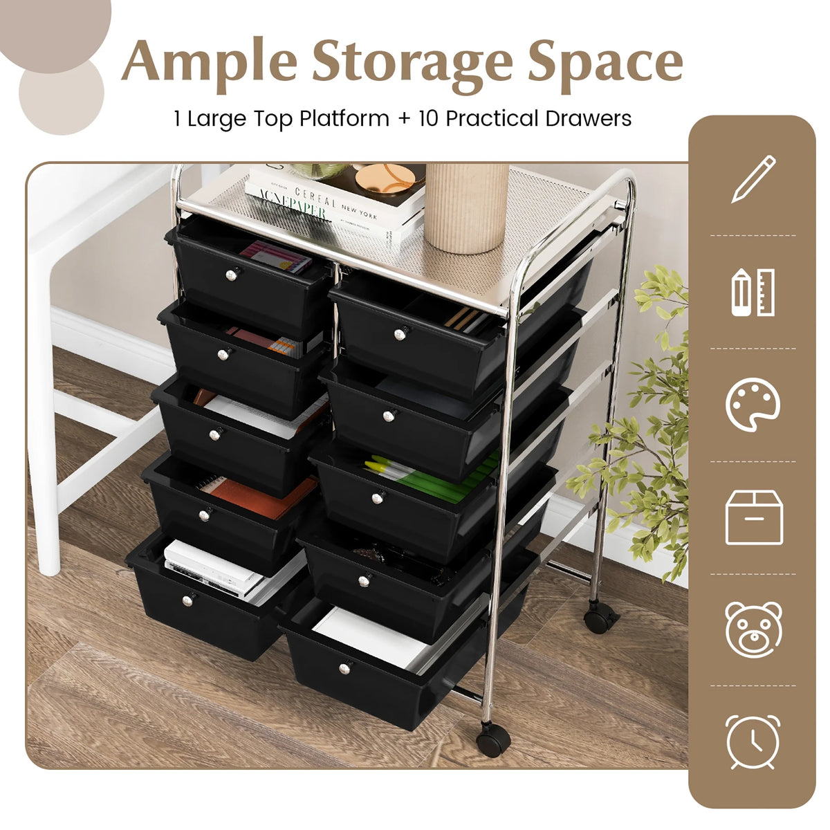 Gymax 10-Drawer Rolling Storage Cart Tools Scrapbook Paper Organizer on Wheels Black Gradient