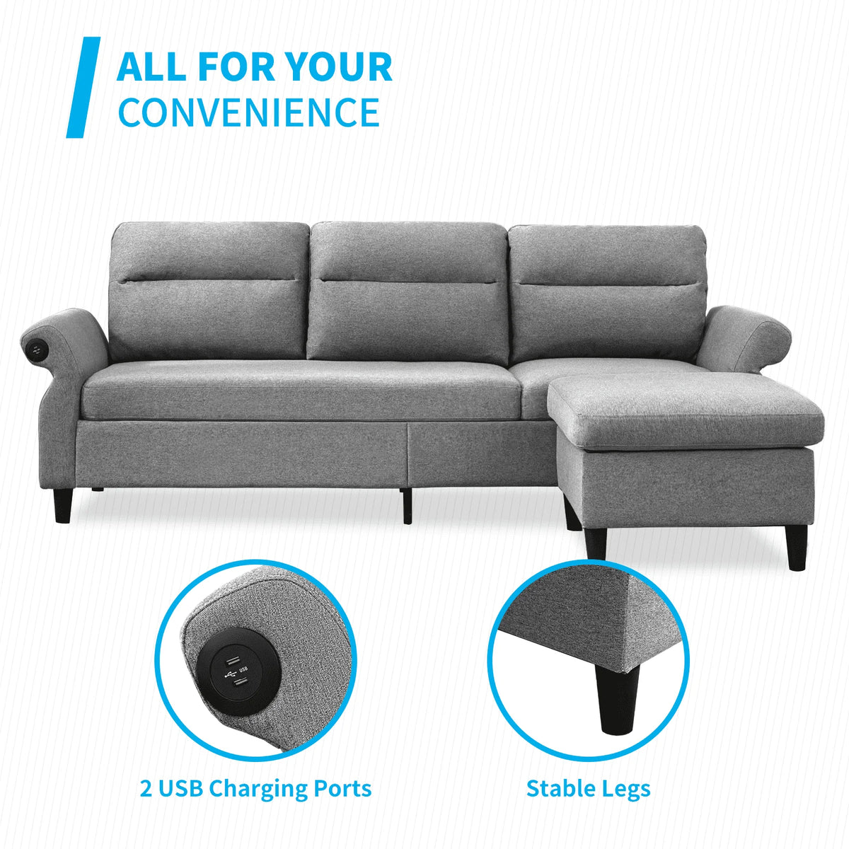 Mjkone Modern 88" W Convertible Sectional Sofa Couch with 2 USB Ports and Adjustable Armres,3 Seat L-Shape Sofa Couch with,Ottoman for Living Room,Apartment , Linen Fabric,Light Grey