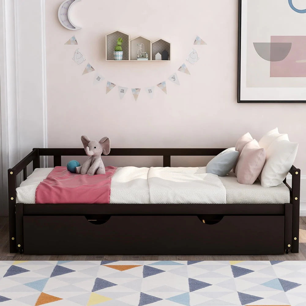 Extending Daybed with Pop Up Trundle Included Twin, Captain Bed for Kids Boys Girls Adults, Twin to King Wooden Platform Bed Frame for 3 People, No Box Spring Needed, 78.1 x 41.8 x 23.2 inch Espresso