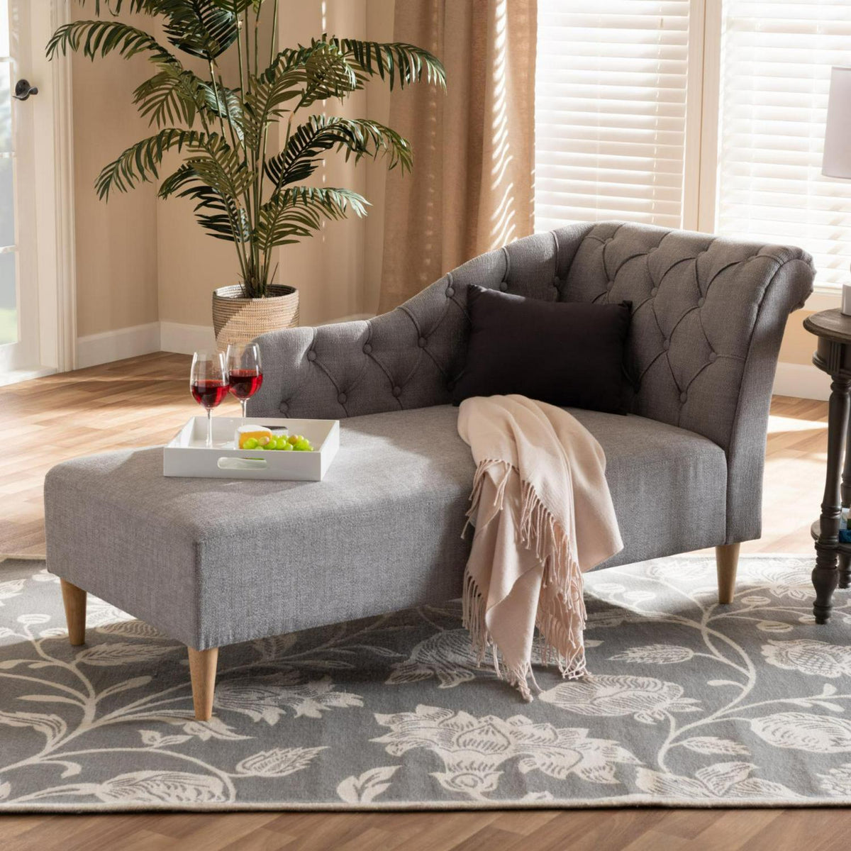 Baxton Studio Emeline Modern and Contemporary Beige Fabric Upholstered Oak Finished Chaise Lounge