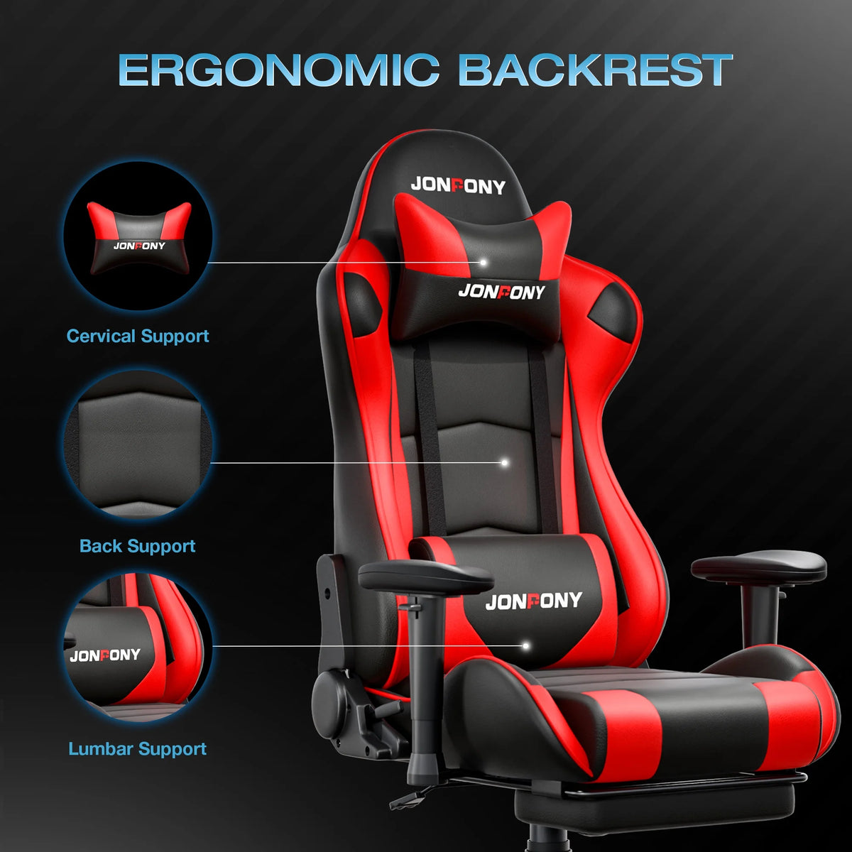 JONPONY Big and Tall 500LBS Gaming Chair, Ergonomic Design, Gamer Chair PU Leather with Footrest and Lumbar Support, High Back Office Chair Support 8 Hours Long Sitting,Red Computer Chair,Red