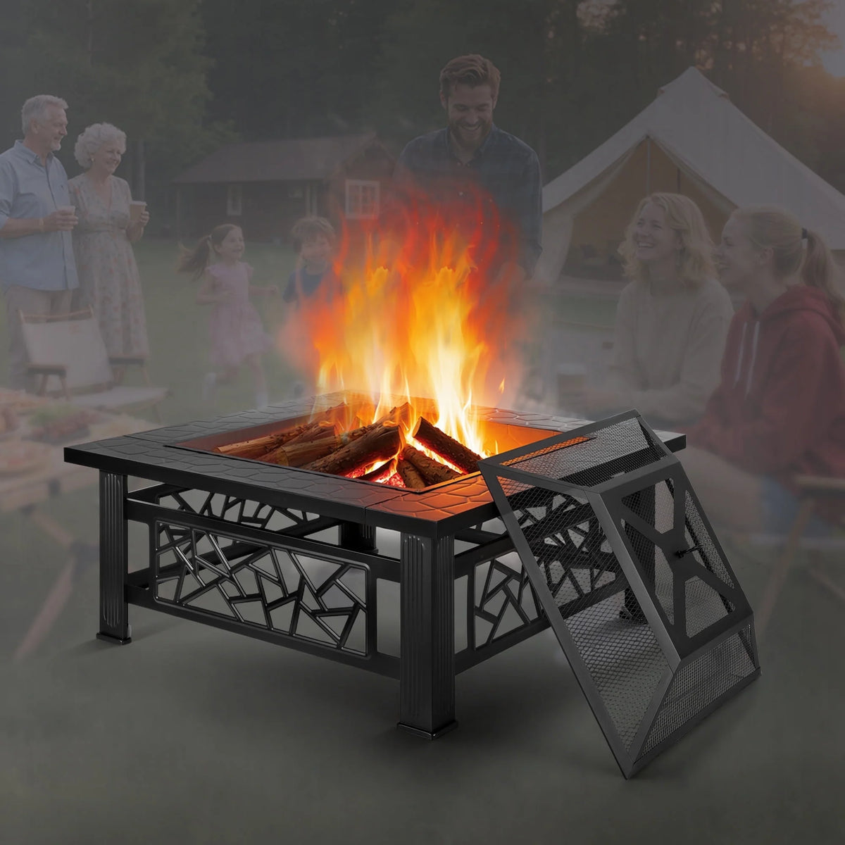32" Fire Pits for Outside, SYNGAR Wood Burning Bonfire Fire Pit Table with Mesh Lid, Grate, BBQ Grill and Poker, Outdoor Metal Square Fire Pit for BBQ, Camping, Picnics, Backyard