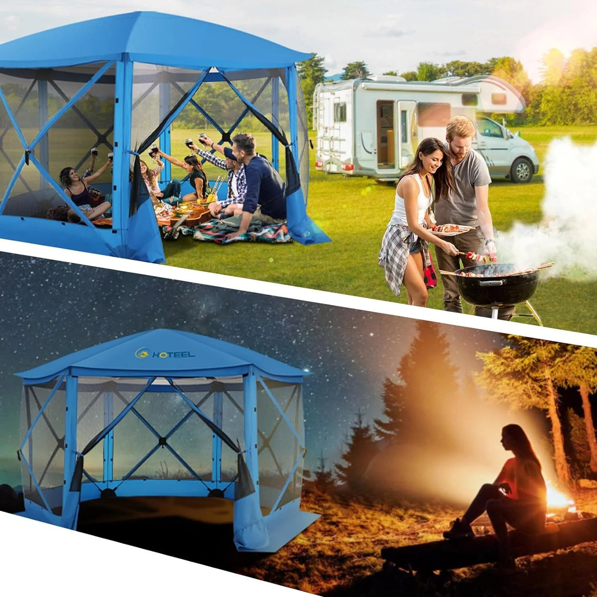 COBIZI 12x12ft Pop-up Gazebo Screen Tent Screen House with sidewalls and Mosquito Netting for Camping, Waterproof, UV Resistant, EZ Set-up Party Canopy with Carrying Bag and Ground Stakes, Brown