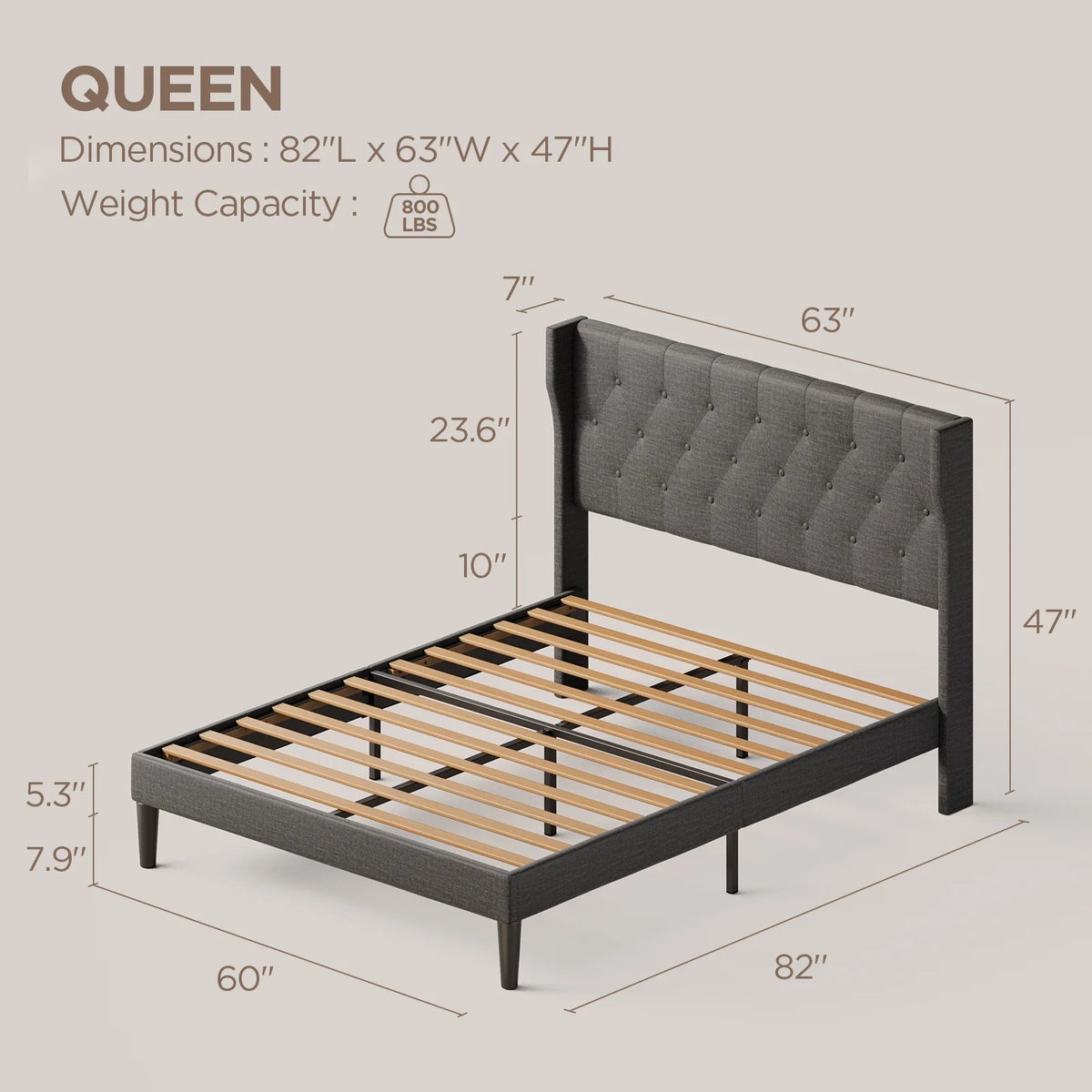 Lofka Queen Size Bed Frame with Upholstered Wingback Headboard Beige Finish