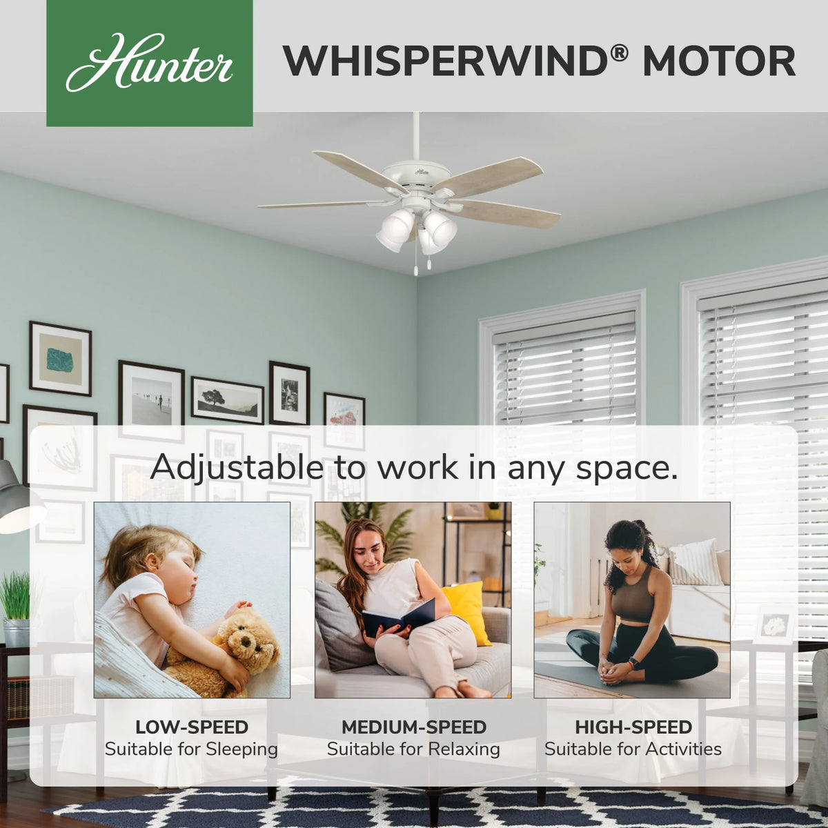 Hunter - Amberlin Indoor Ceiling Fan With Light, 52-inch, Brushed Nickel, Casual-style, 3-speed WhisperWind Motor, 53216, for Living Rooms, Bedrooms