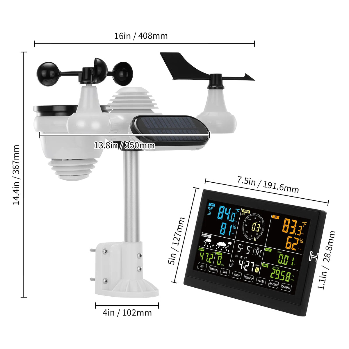 BENTISM 7 in 1 Wireless Weather Station, 7.5 inch HD Color Screen, Digital Weather Monitor for Indoor Outdoor with Temperature Humidity UV Predictive Alarm and Alerts