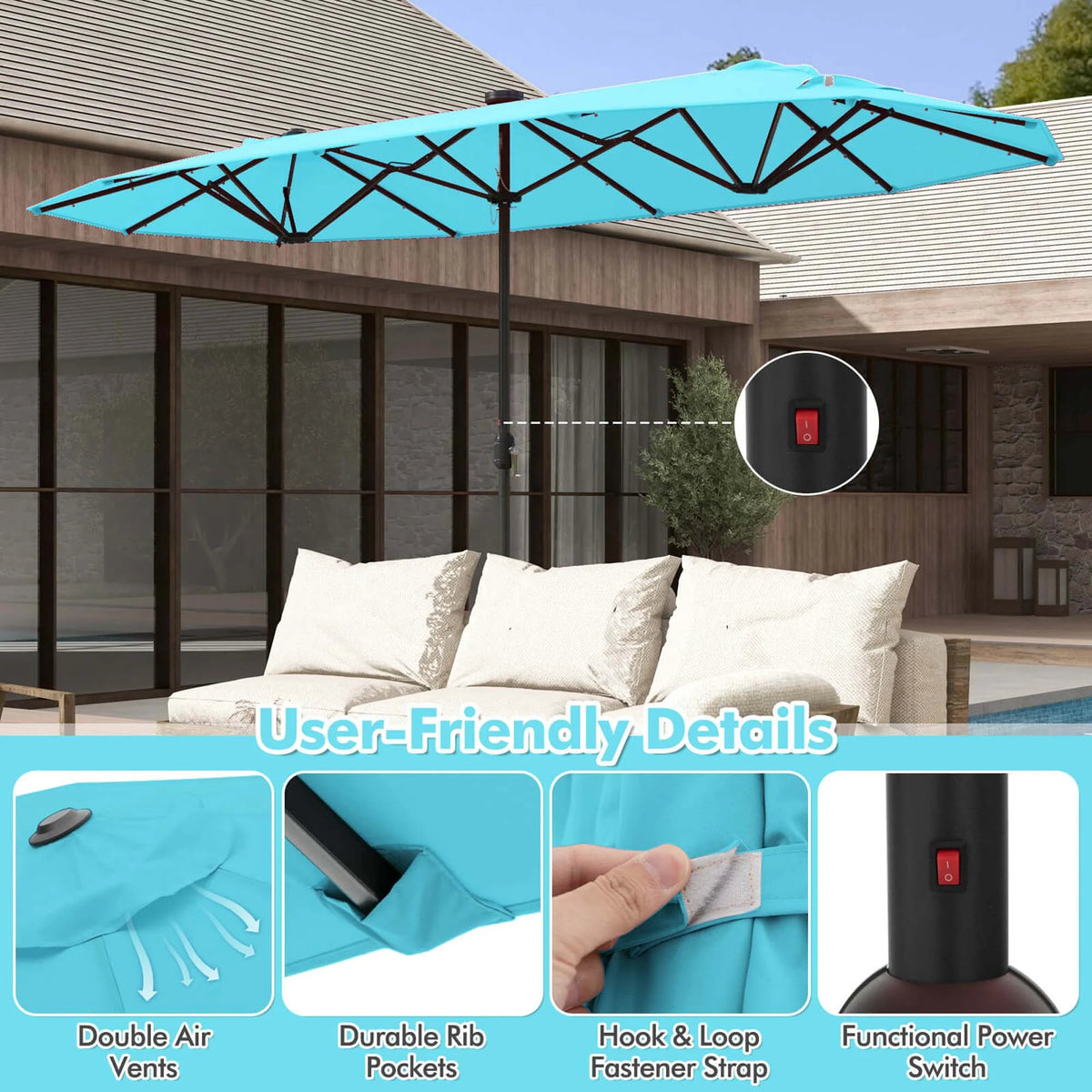 Costway 13ft Beige Rectangle Double-sided Patio Umbrella, Crank Lift