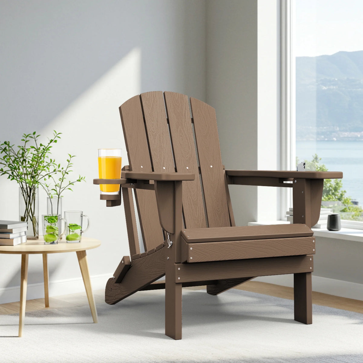 SERWALL Folding Adirondack Chair Set with Dual Cup Holders & Phone Holder, All-Weather HDPE Fire Pit Chairs for Outdoor, Patio, Poolside, Garden - Black