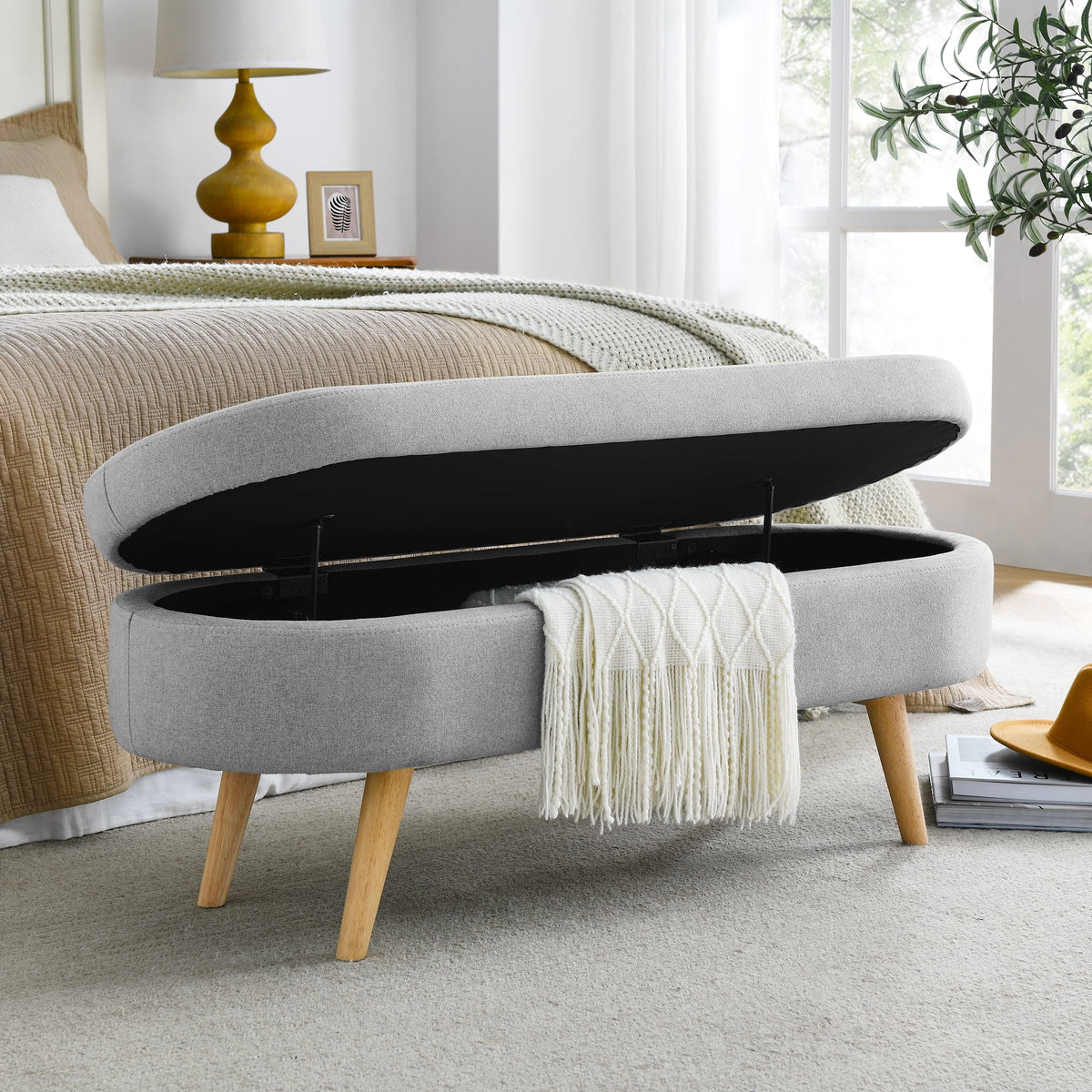 Furniliving Modern Upholstered Button Tufted Storage Ottoman Entryway Bench, Ivory