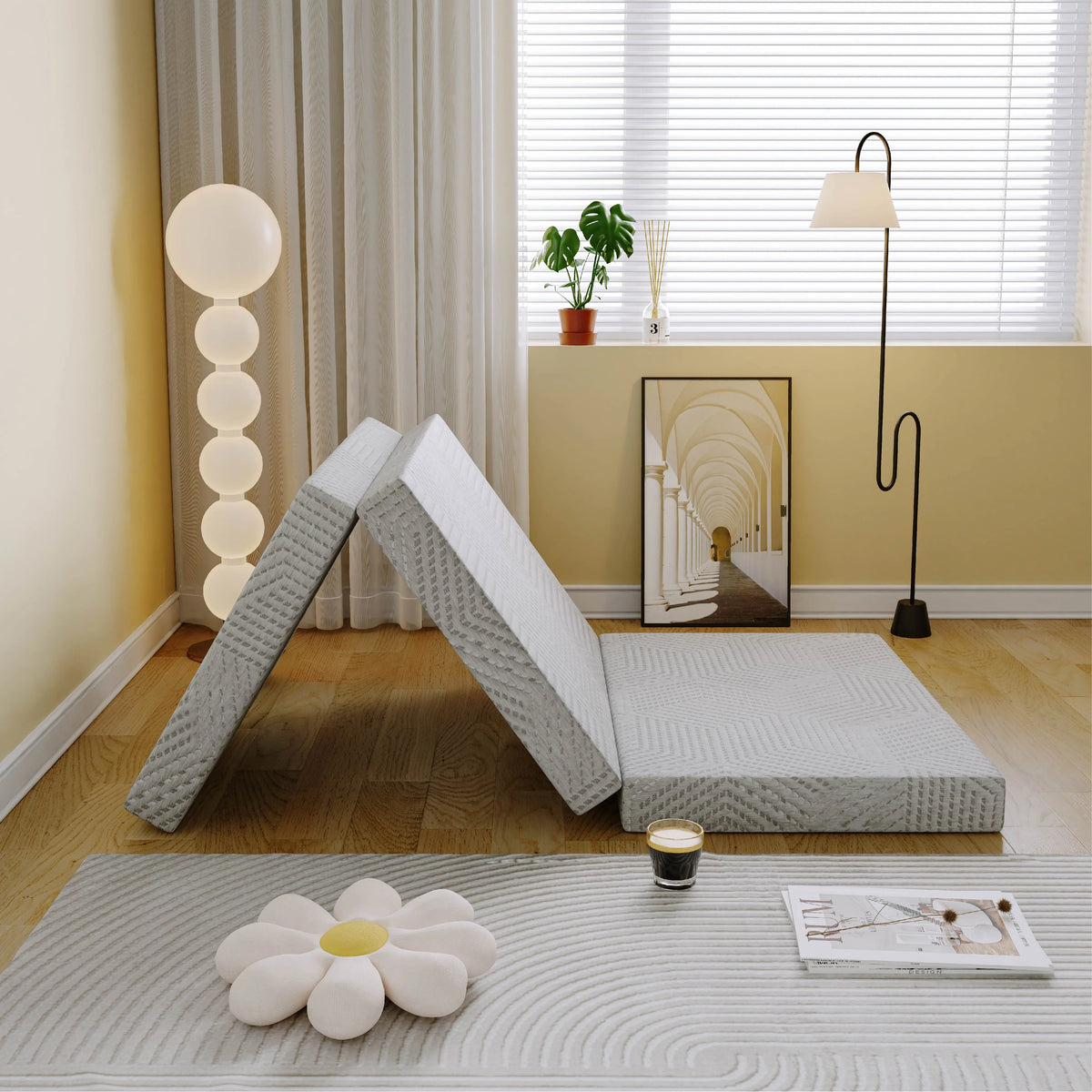 Ego 4 inch Tri Folding Memory Foam Mattress, Portable Guest Bed, Queen Size
