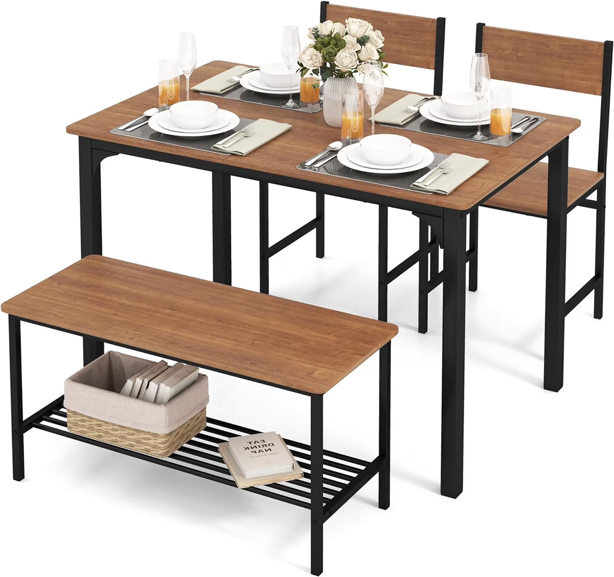 Gymax 4pcs Dining Table Set Rustic Desk 2 Chairs & Bench w/ Storage Rack Grey