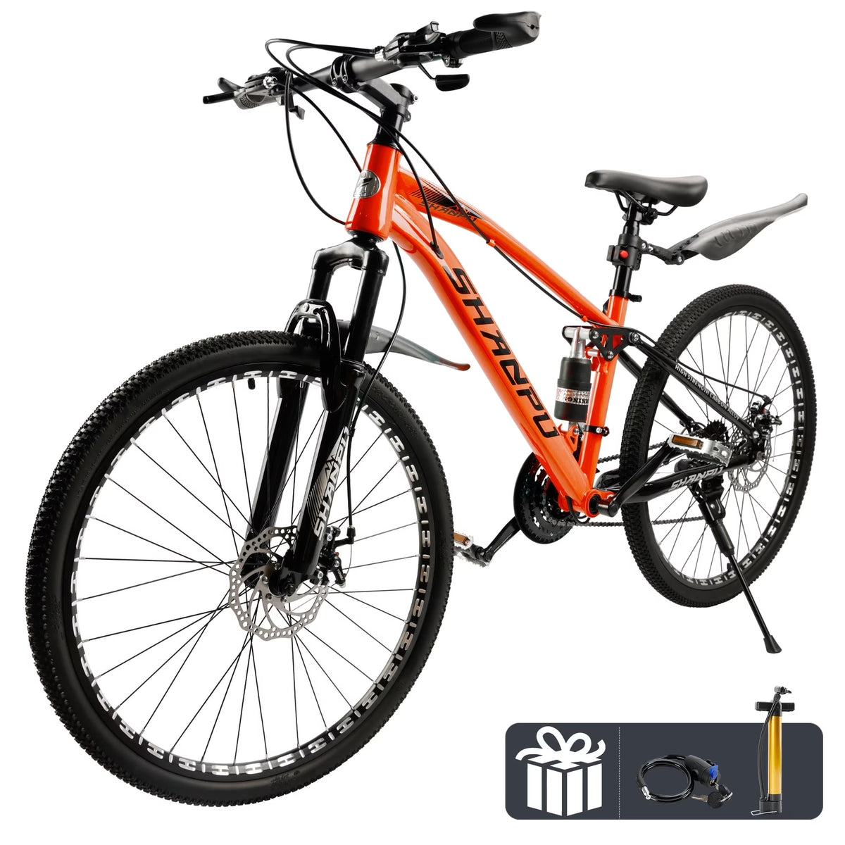 ARTUDATECH 26 Inch Wheel Full Suspension Mens Mountain Bike, Shimano 21 Speed,  Dual Disc Brake Bike for Men Womens Adult Bicycle With Bike Lock And Air Pump, orange