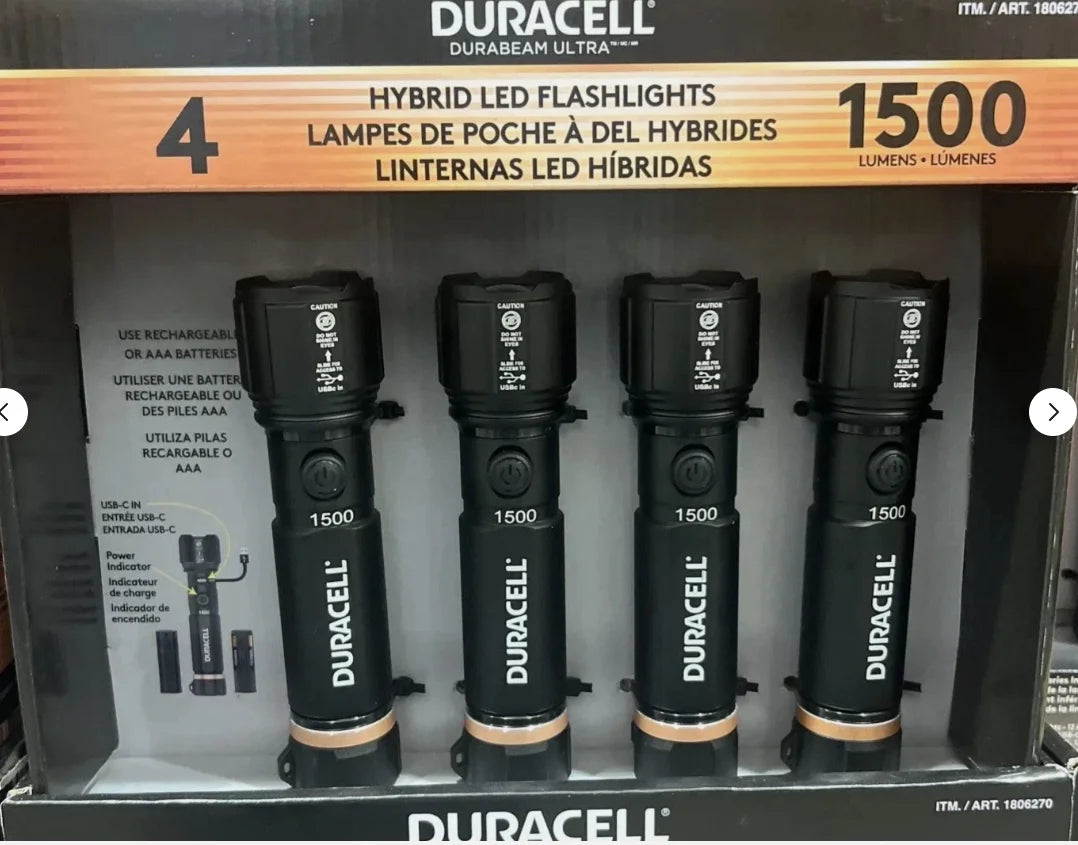 Duracell Hybrid Flashlight, 1500 Lumens, 4-count