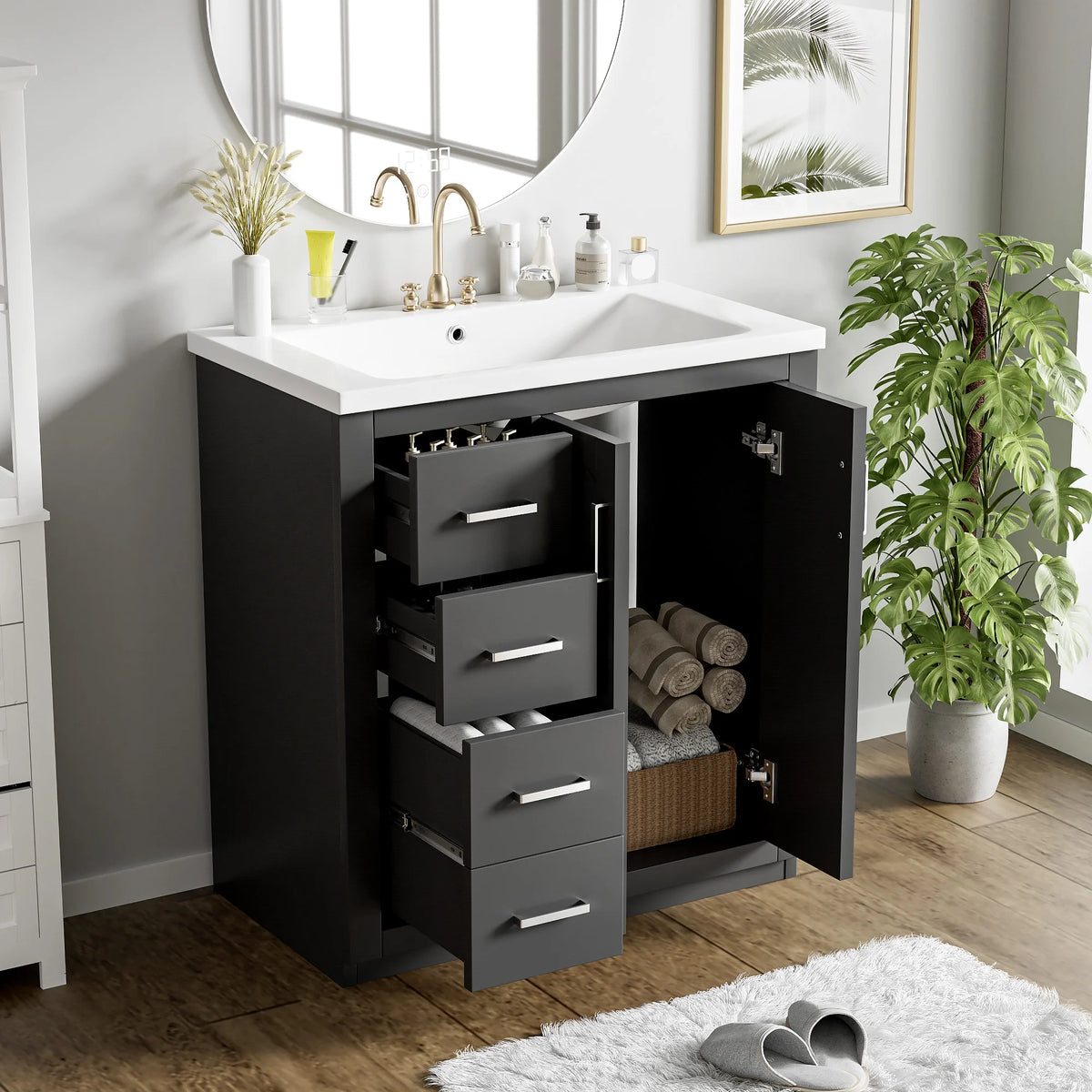 ENSHUI 30-Inch Bathroom Vanity with Ceramic Sink Combo, Solid Wood Frame, 4 Drawers, Soft Closing Doors, Green