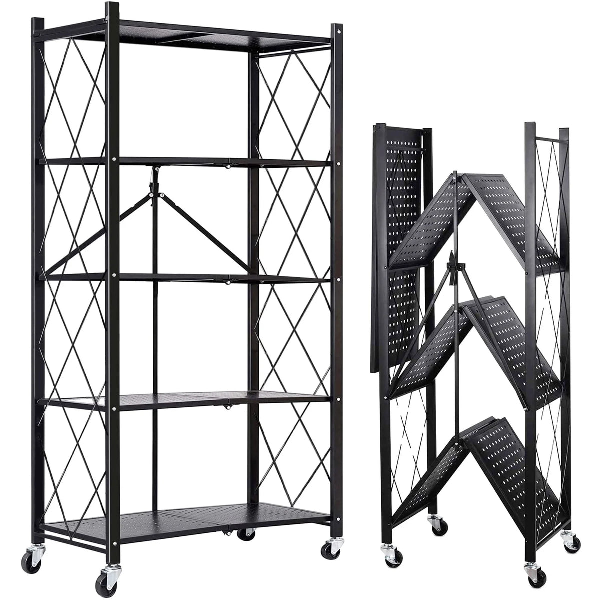 Vebreda 5 Tier Storage Shelves Foldable Metal Shelving Units Storage Racks with Lockable Wheels, Black