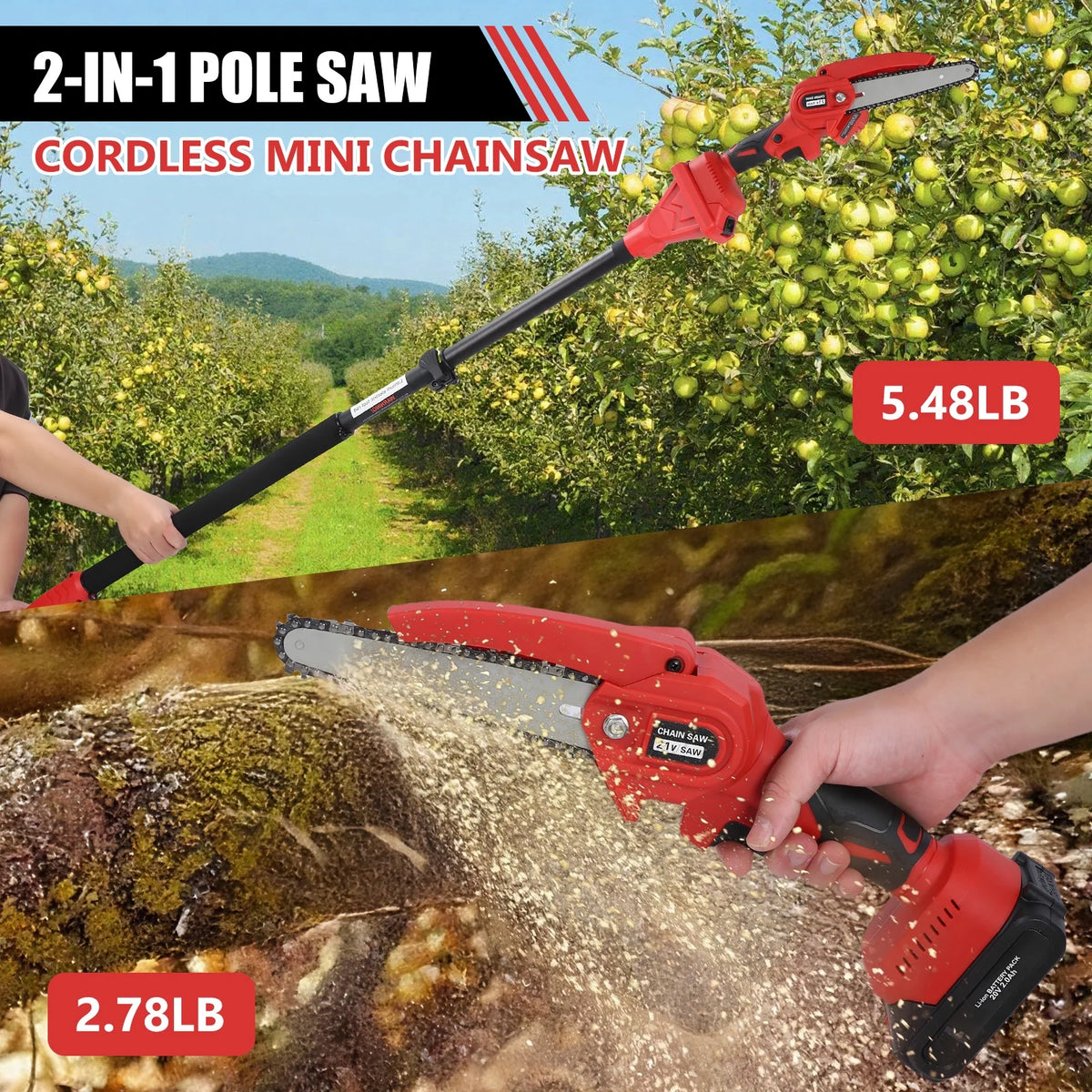 2-in-1 Brushless Cordless Pole Saw,6in + 8in Mini Chainsaw & Pole Saw with 2pcs 2.0A Batteries, 13.6ft Max Reach Brach Tree Saw Telescoping Extension Rod for Wood Tree Trimming Wood Cutting��Red