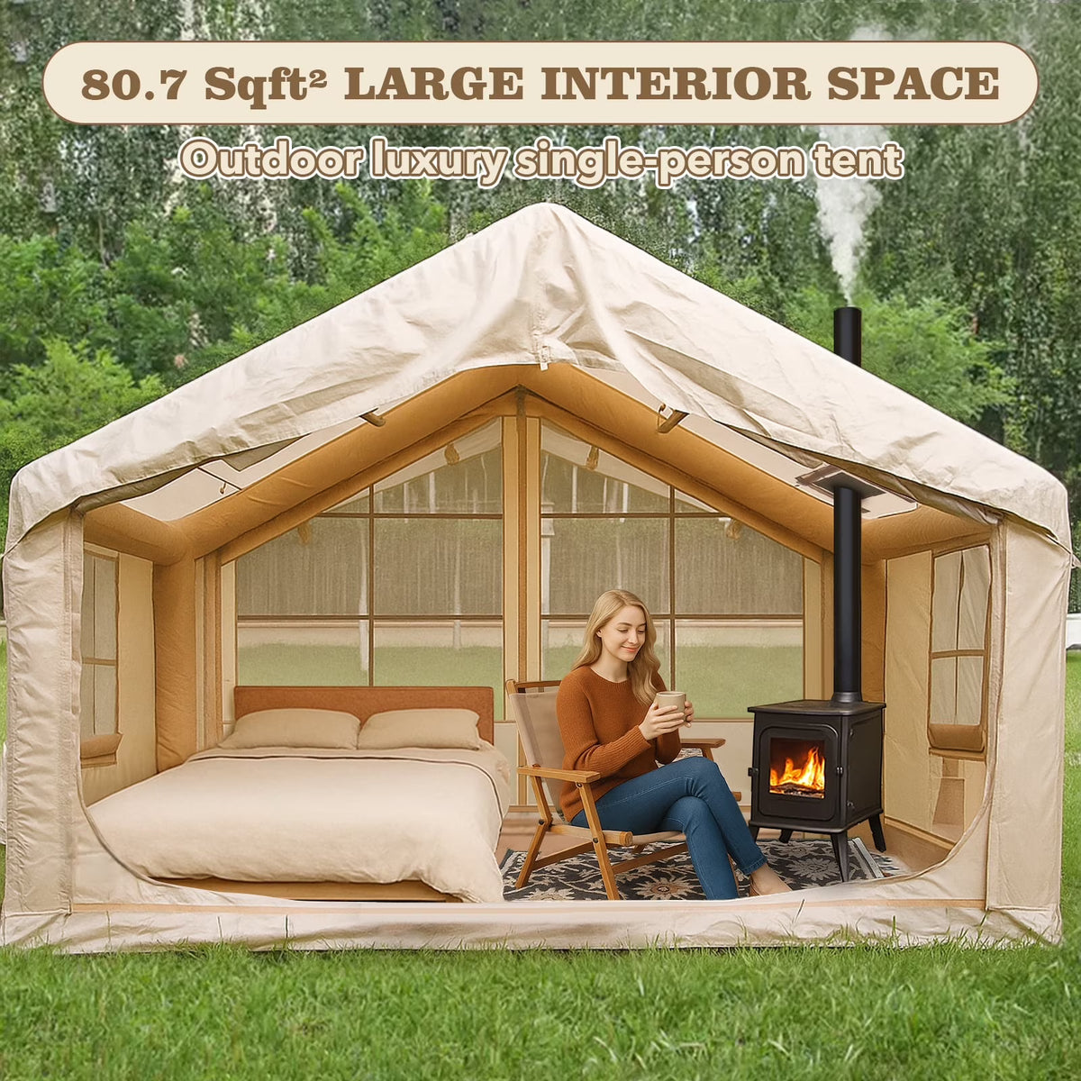 Inflatable Camping Tents 4/6/8/10 Person,129 Square Feets Large Blow up Tent with Stove Jack