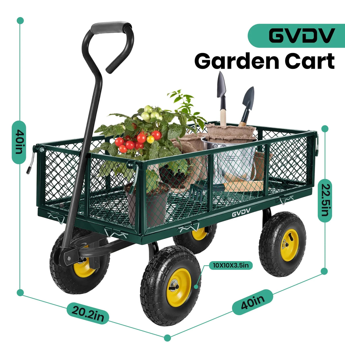 GVDV Heavy Duty Steel Garden Cart with Liner, 660lbs Capacity, 3 Cu ft, 10" All-Terrain Wheels, Black/Yellow �C Durable Utility Cart for Yard Work, Hauling, and Outdoor Use