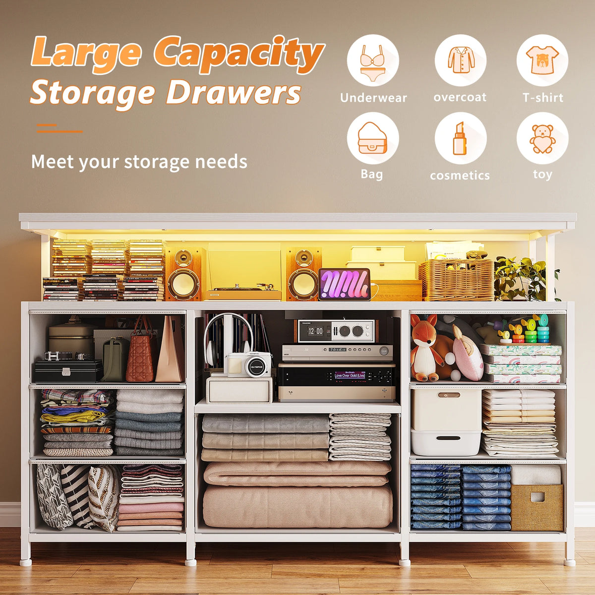 EnHomee Dressers for bedroom TV Stand with Power Outlets &LED Lights Wide Dresser with 10 Drawers&Side Pockets & Hook Fabric Chest of Drawers,Black