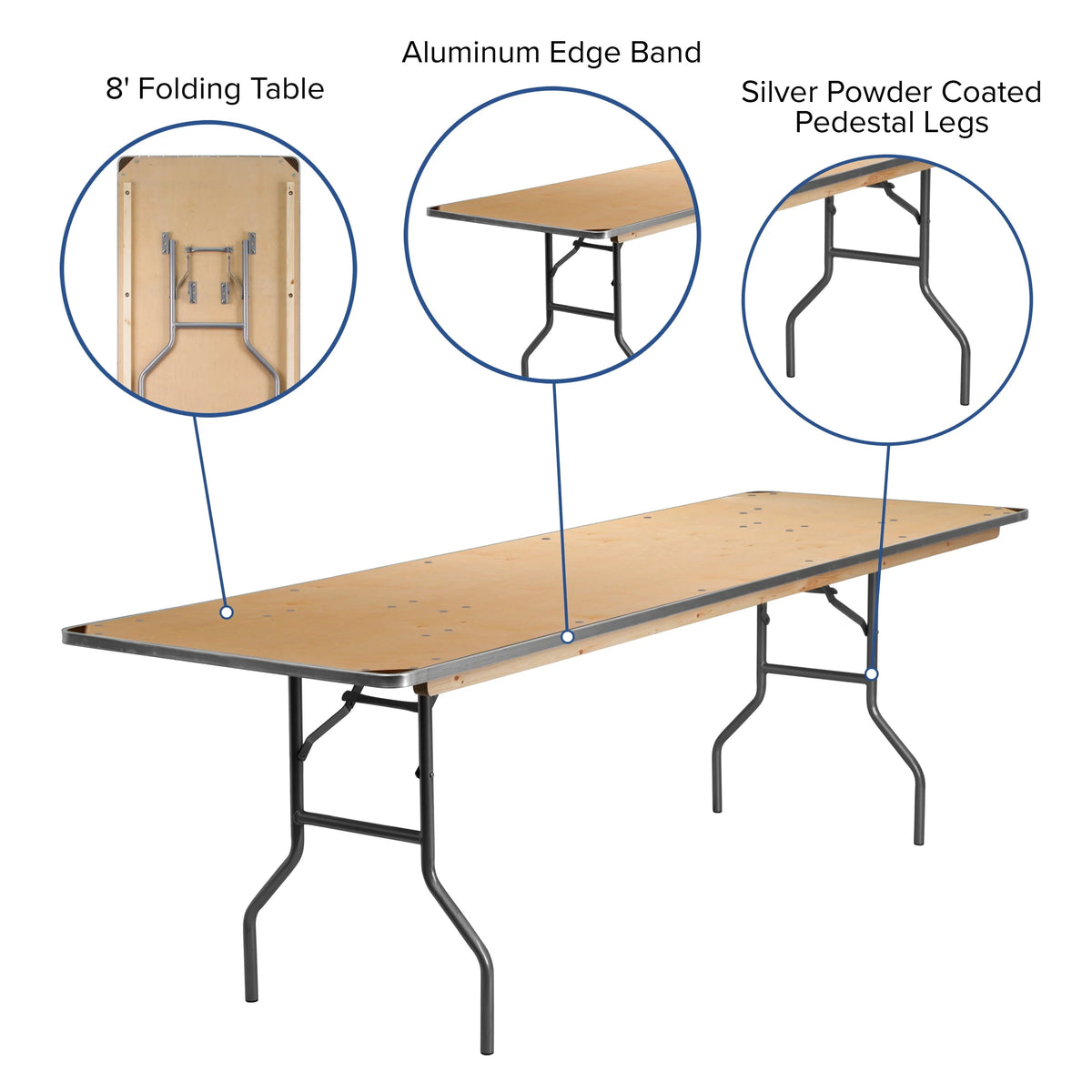 Flash Furniture 8-Foot Rectangular HEAVY DUTY Birchwood Folding Banquet Table with METAL Edges and Protective Corner Guards