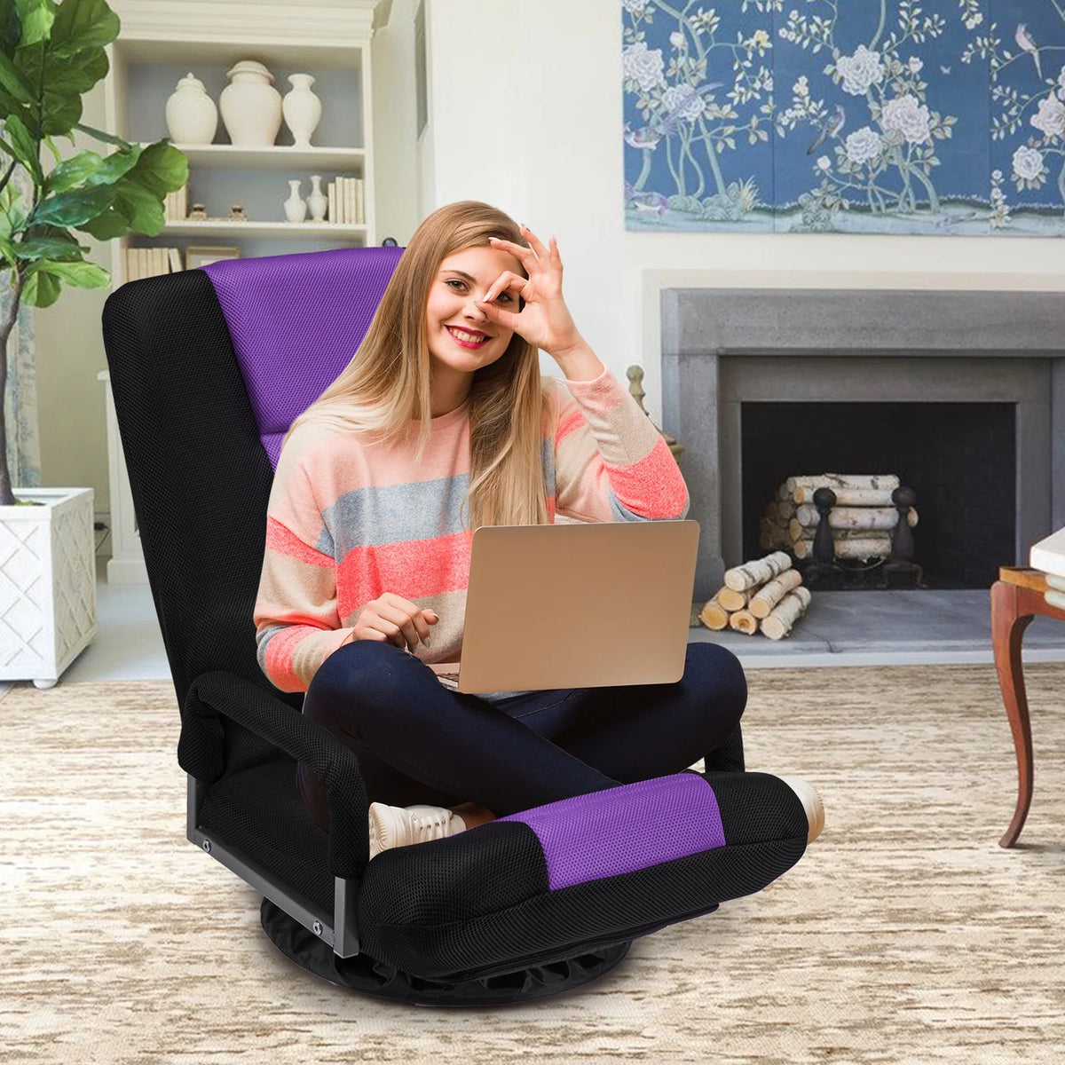 Avocahom Swivel Gaming Floor Chair w/ Armrest Handles, No Assembly gaming chair rocker, Folding Reclining Sofa w/6 Position Adjustable Backrest for Video Games, Watching TV, Reading,Blue