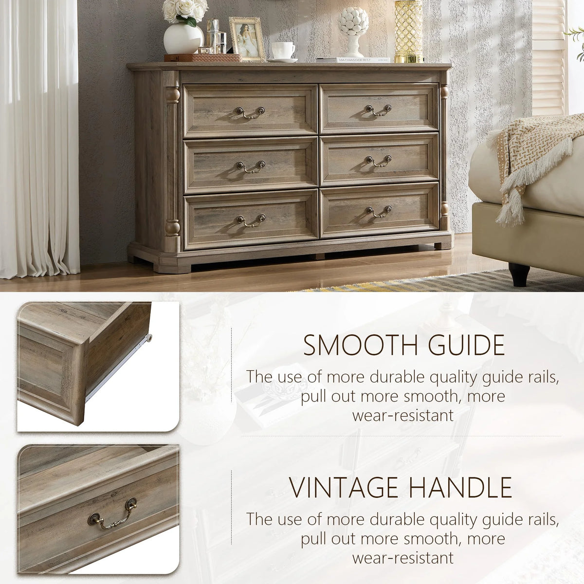 Brafabhome Rattan 6 Drawers Dresser for Bedroom, Vintage Boho Double Dresser Wicker Chest with Wooden Legs for Living Room Hallway| Mint