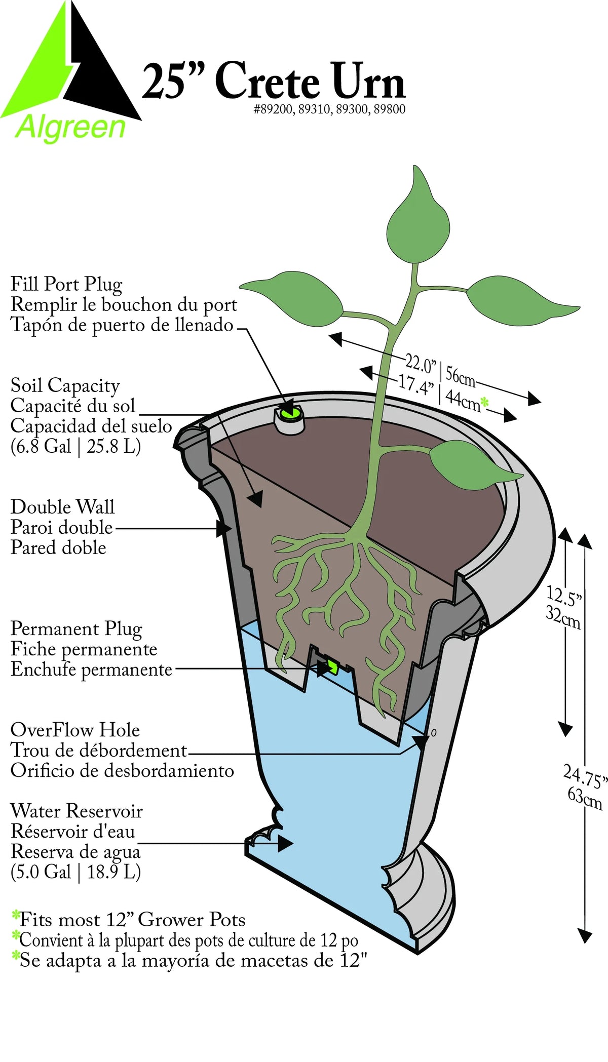 Algreen  25 in. Crete Urn Self-watering Planter, Black