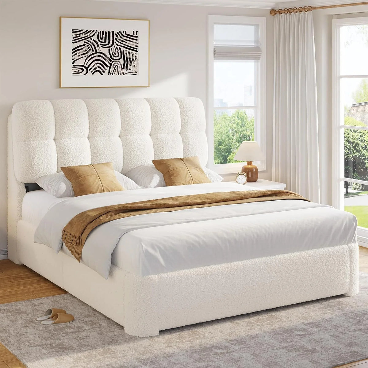 Upholstered Bed Frame Queen Size with Headboard, Modern Soft Cloud Queen Platform Bed for Bedroom, No Box Spring Needed, White