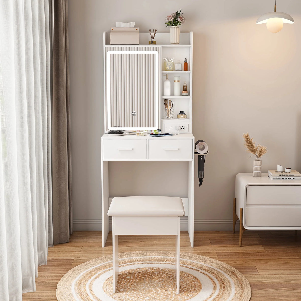 Montary Modern Mini Vanity w/Adjustable LED Mirror + Hidden Storage, Padded Stool & Dustproof Shelves (White)