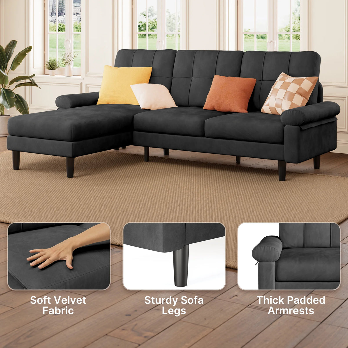 Lofka Sectional Couch, Convertible L Shaped Couches for Living Room, Upgraded Sofas for Small Spaces, Black