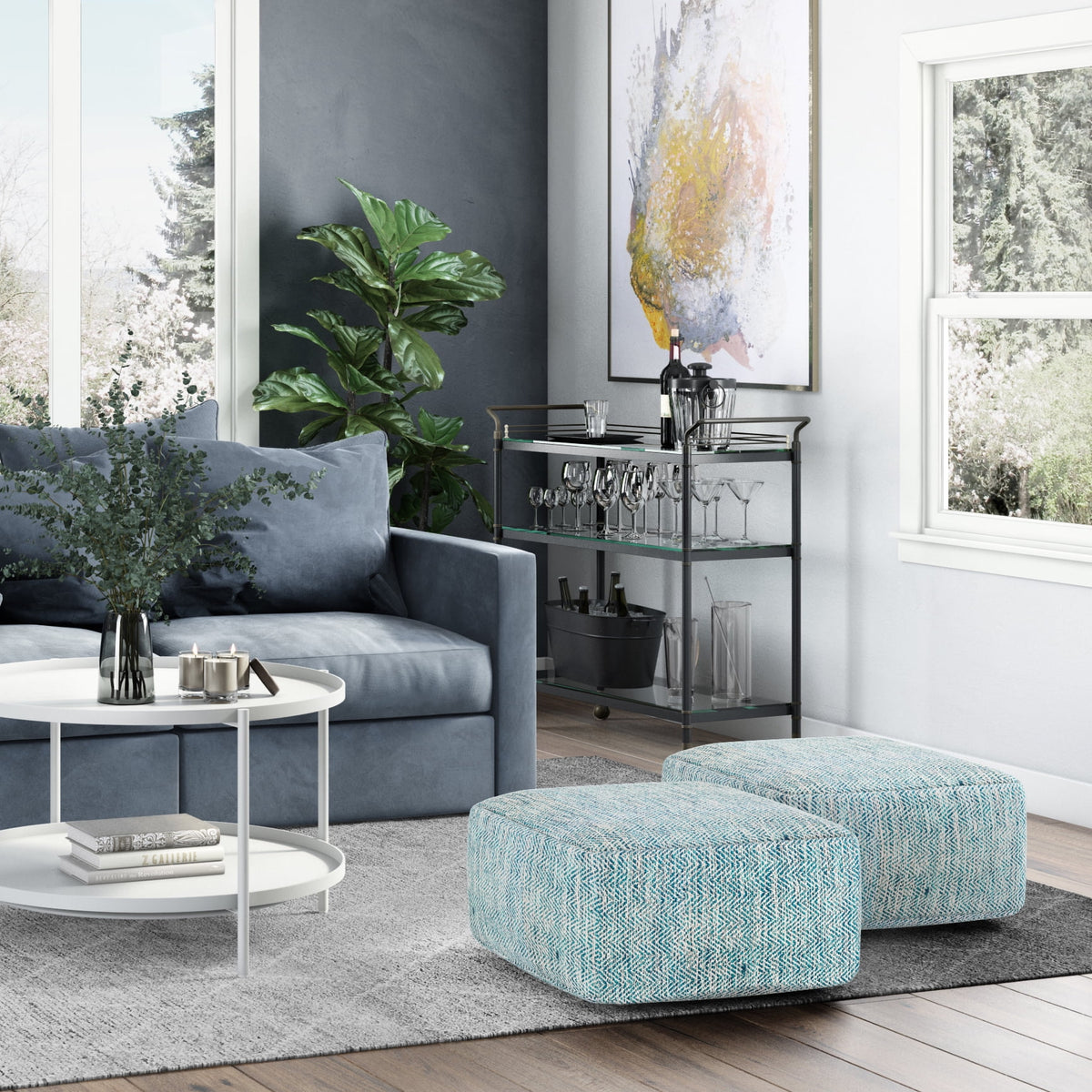 Simpli Home Nate 20 inch Wide Boho Square Pouf in Patterned Teal M��lange Cotton