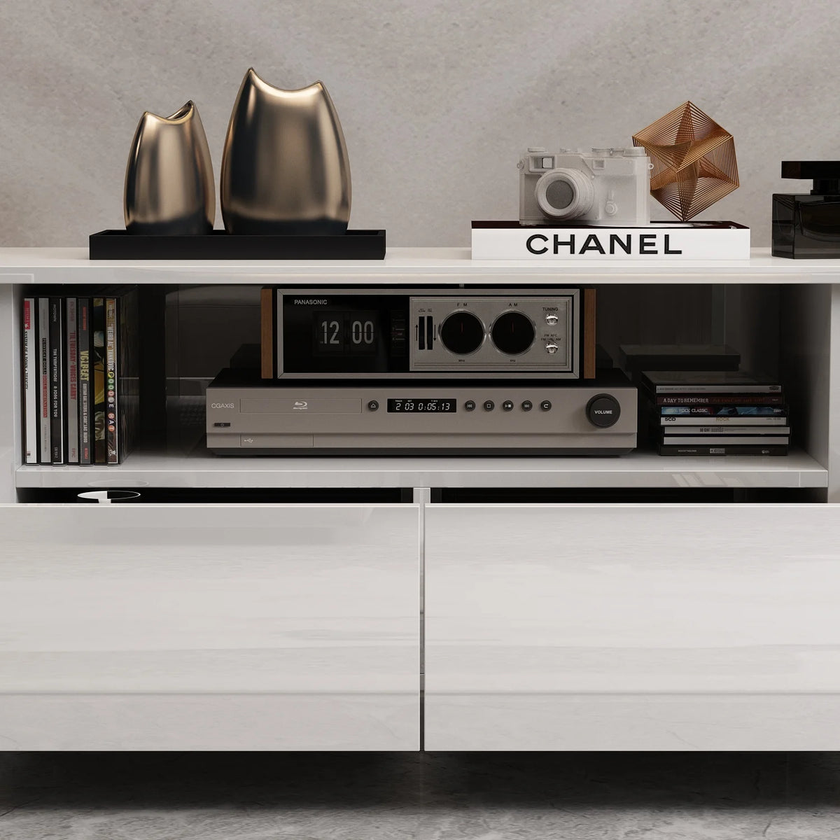 KULAGAGA Entertainment Center with LED Lights, High Gloss TV Stand with 2 Storage Drawer and Open Shelves for Living Room