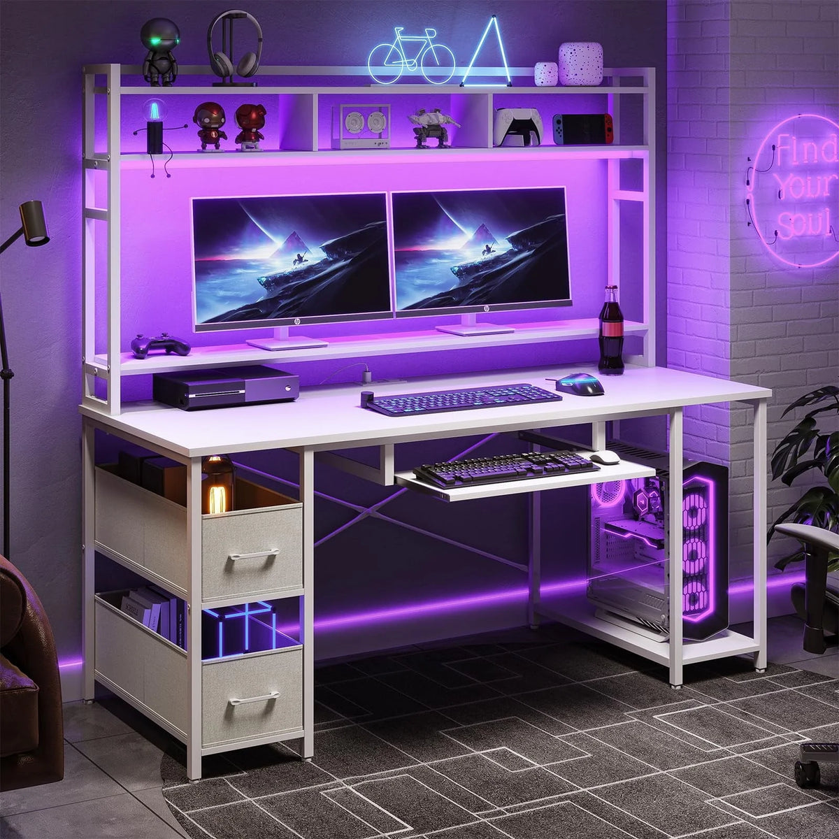 55" Computer Desk with Drawer&Power Outlet, Industrial Home Office Table Gaming Desk PC Study Workstation with Hutch&LED Lights&Adjustable Shelves,White