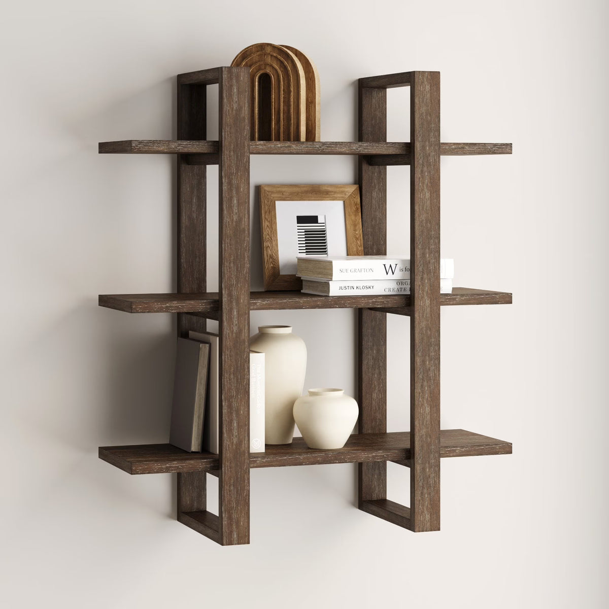 Nathan James Benji Floating Wall Book Shelves, 3-Tier Display Shelf, Decorative Modular Shelf in Solid Wood, Natural Brown