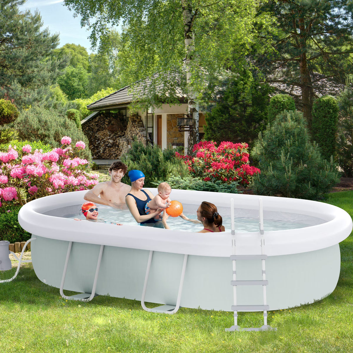 Outsunny Above Ground Swimming Pool, Semi-Inflatable Frame Pool, Brown