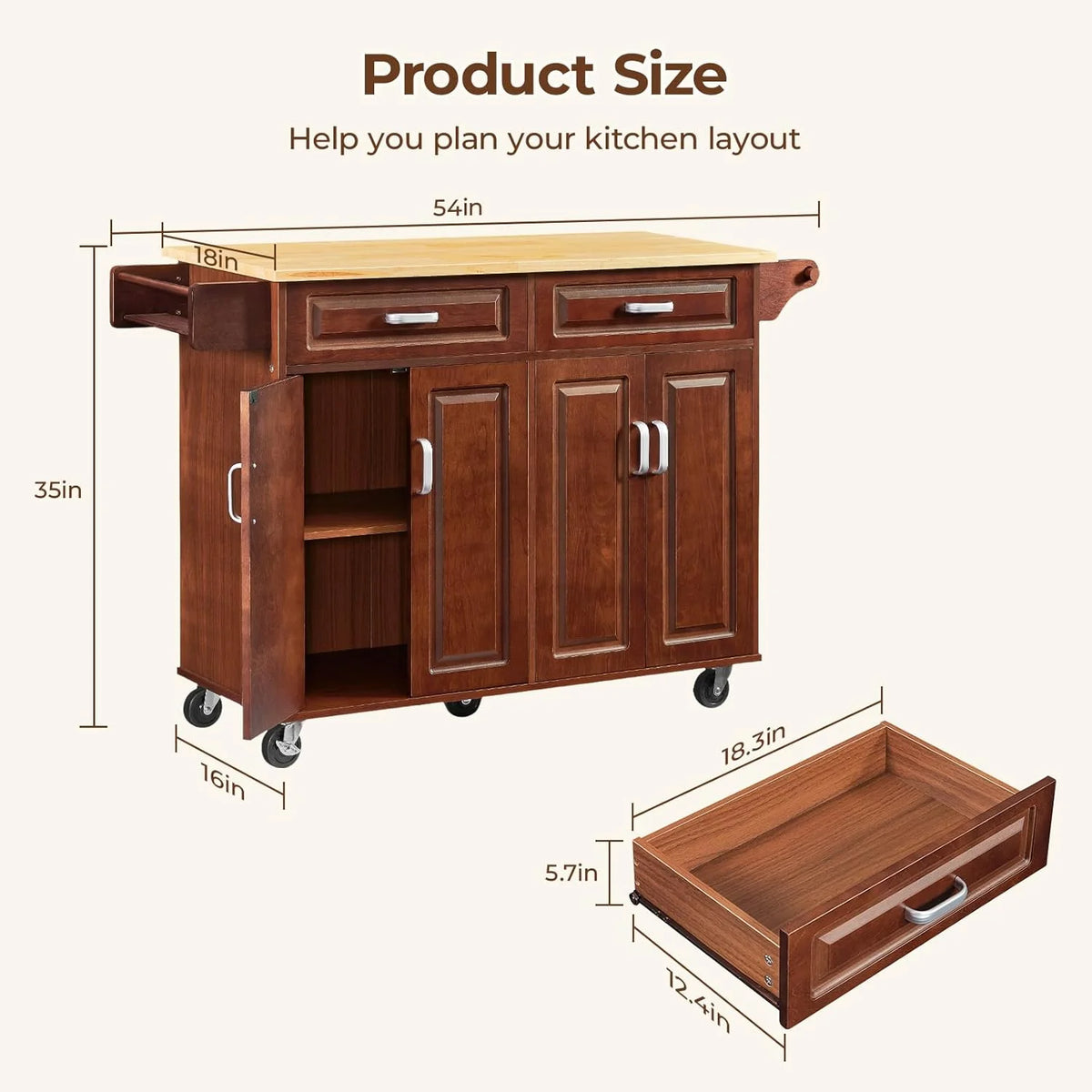 ZIVACATE Rolling Kitchen Island with Drop Leaf and Storage Large 53 in Movable Kitchen Carts White