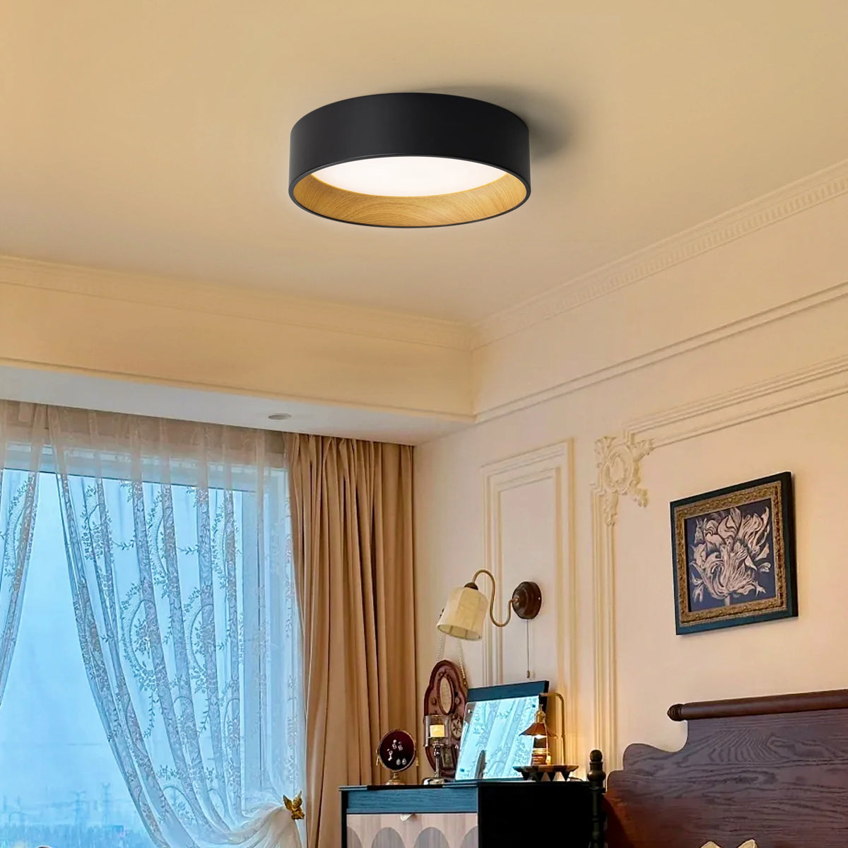 C Cattleya Black and Woodgrain Finish Integrated LED 3000K/4000K/5000K Flush Mount LED Ceiling Light